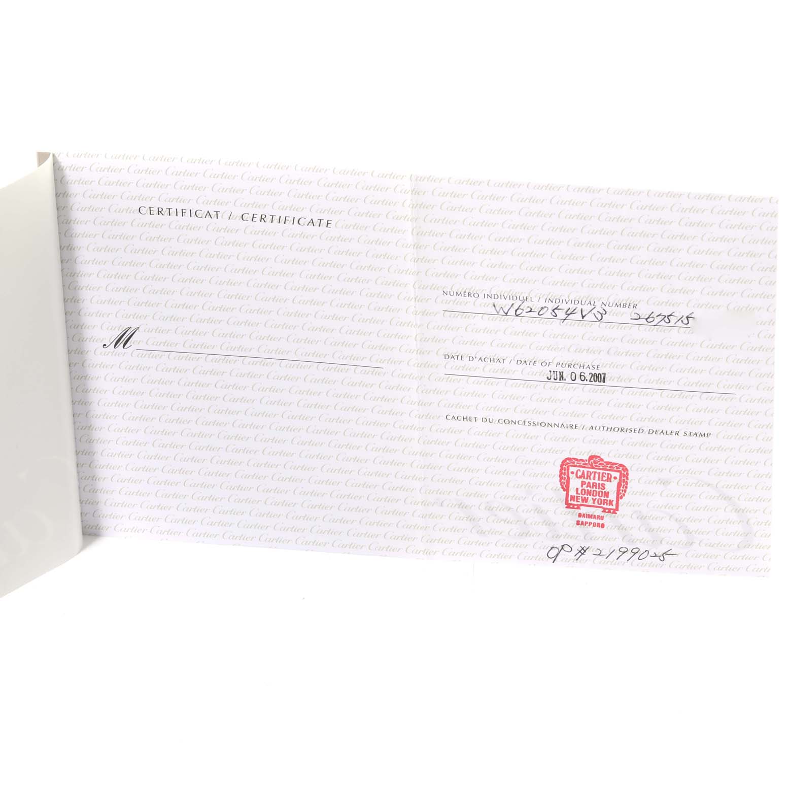 The image shows the authenticity certificate for a Cartier Roadster W62054V3 Women's Stainless Steel Pink Dial W62054V3 Women's Stainless Steel Pink Dial watch.