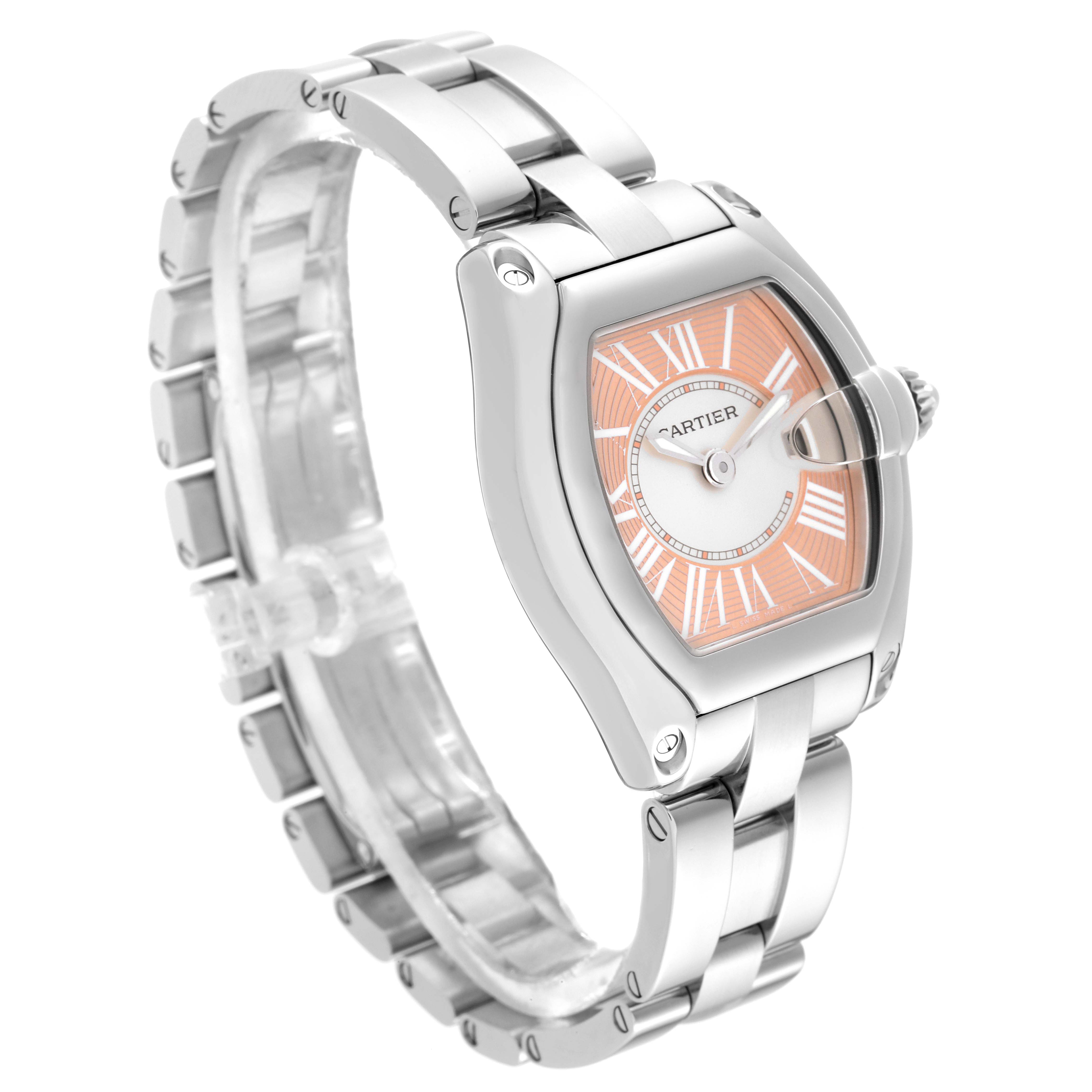 The image shows a Cartier Roadster W62054V3 Women's Stainless Steel Pink Dial W62054V3 Women's Stainless Steel Pink Dial watch at a three-quarter angle with a visible face and metallic strap.