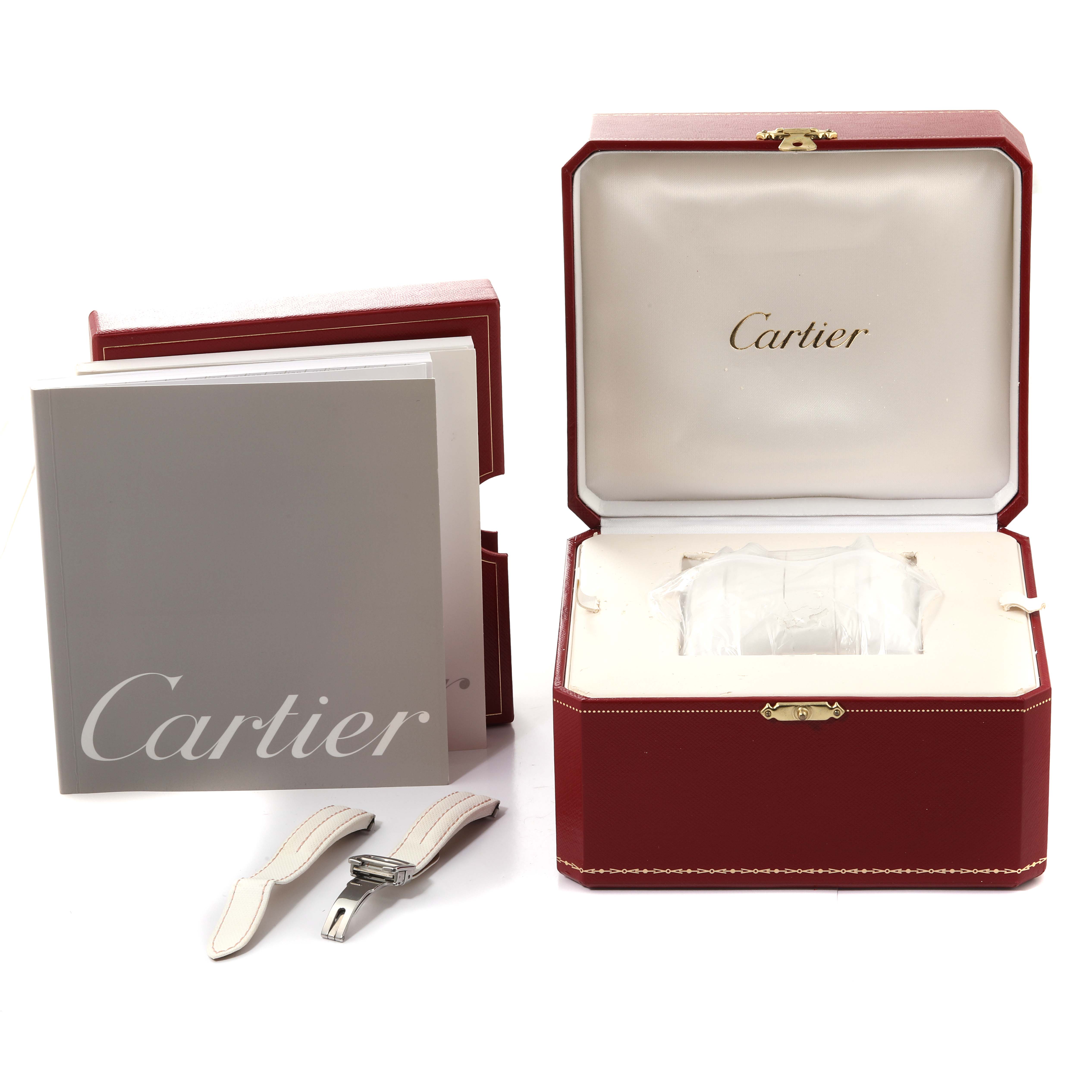 The image shows a Cartier Roadster W62054V3 Women's Stainless Steel Pink Dial W62054V3 Women's Stainless Steel Pink Dial watch set with its box, manual, and interchangeable straps from a frontal angle.