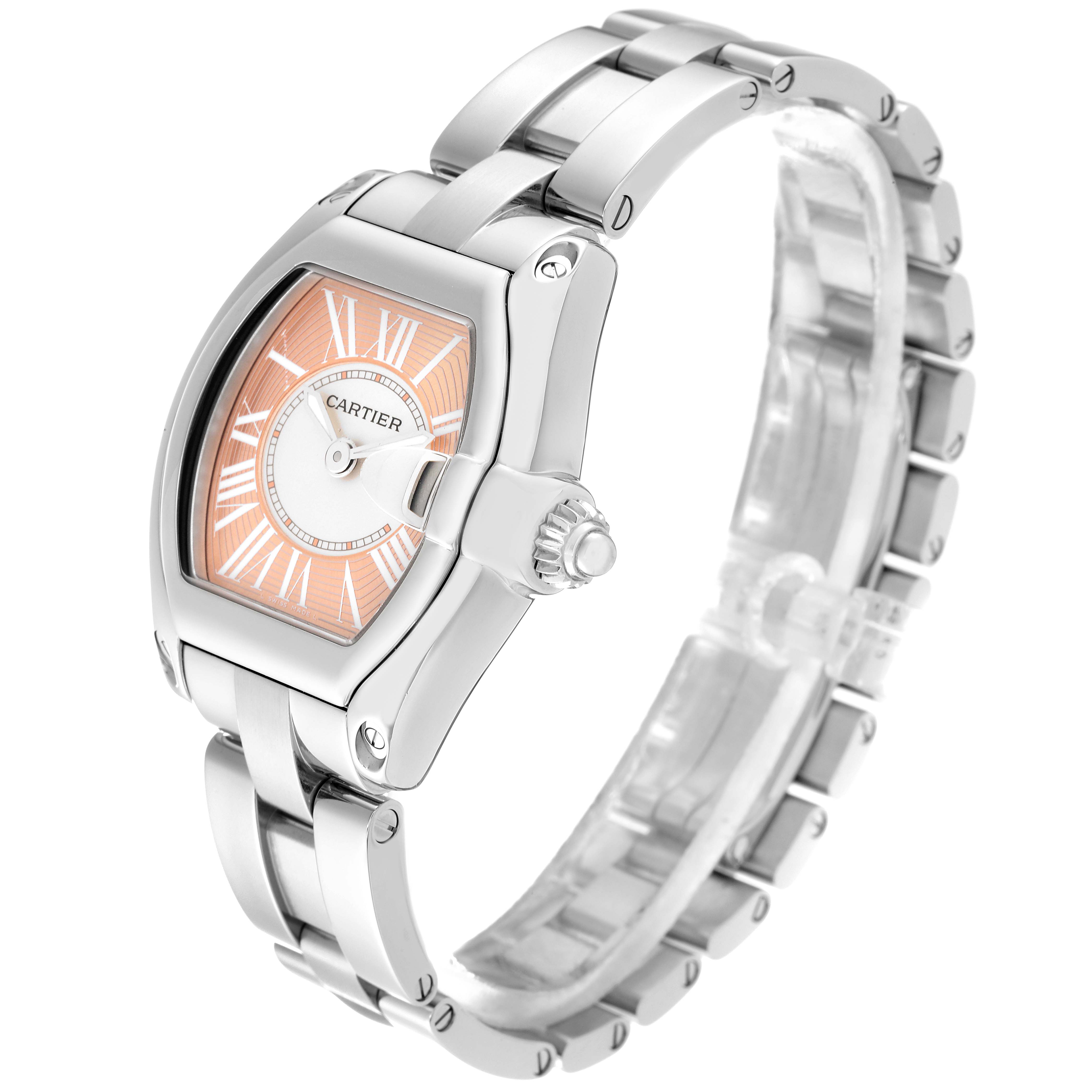 The Cartier Roadster W62054V3 Women's Stainless Steel Pink Dial W62054V3 Women's Stainless Steel Pink Dial watch is shown at a right-side angle, displaying its face, crown, bezel, and part of the bracelet.