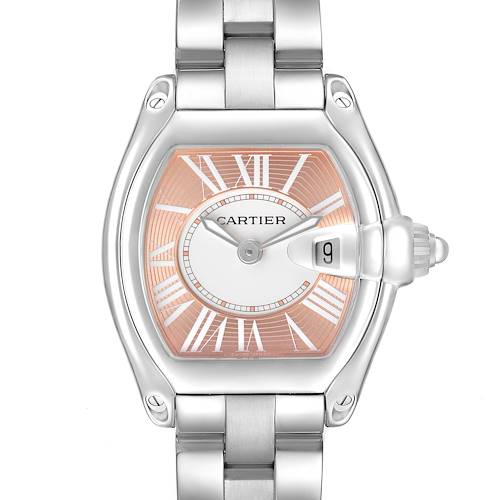 The Cartier Roadster W62054V3 Women's Stainless Steel Pink Dial watch is shown from the front, highlighting its dial, bezel, bracelet, and crown.