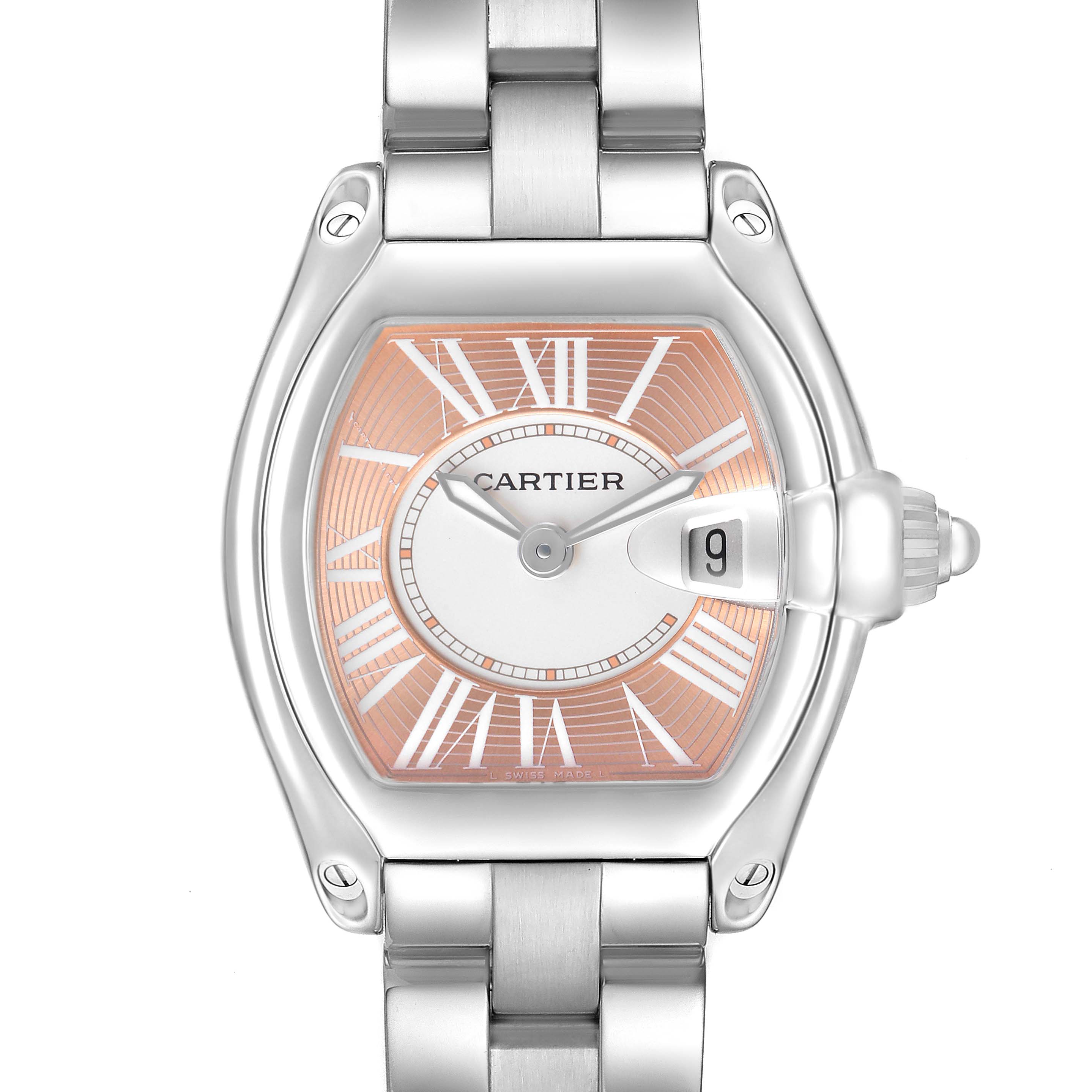 The Cartier Roadster W62054V3 Women's Stainless Steel Pink Dial watch is shown from the front, displaying the dial, case, and part of the bracelet.