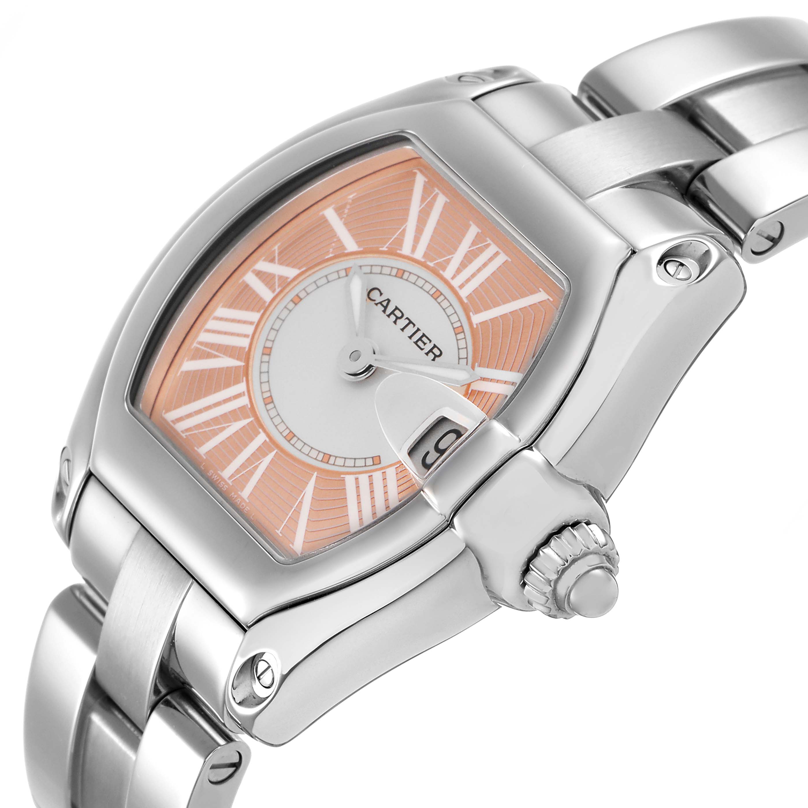 The Cartier Roadster W62054V3 Women's Stainless Steel Pink Dial watch is shown at an angled view, displaying the dial, crown, and bracelet elements.