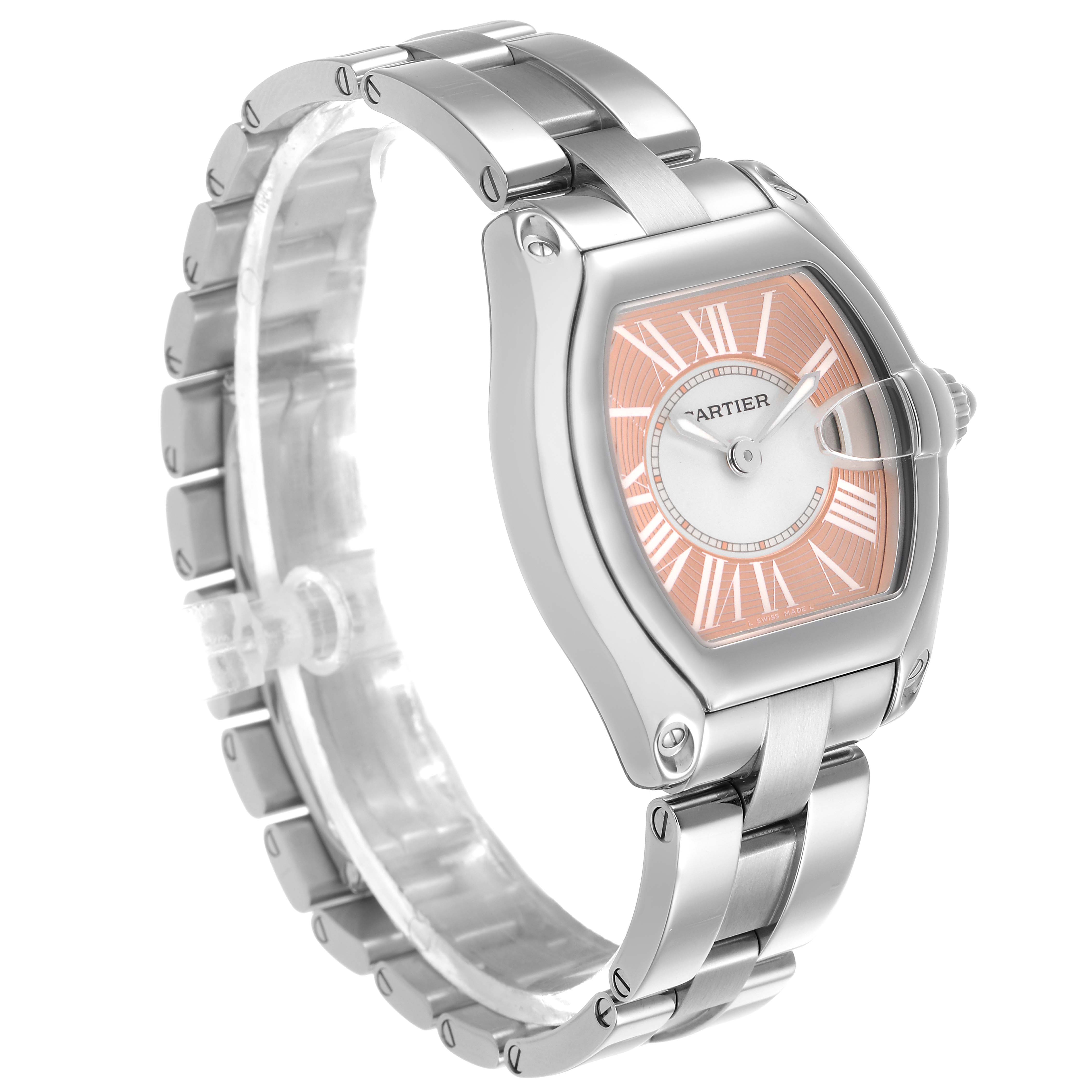 The Cartier Roadster W62054V3 Women's Stainless Steel Pink Dial watch is shown at a three-quarter angle, highlighting the face, bezel, and bracelet.