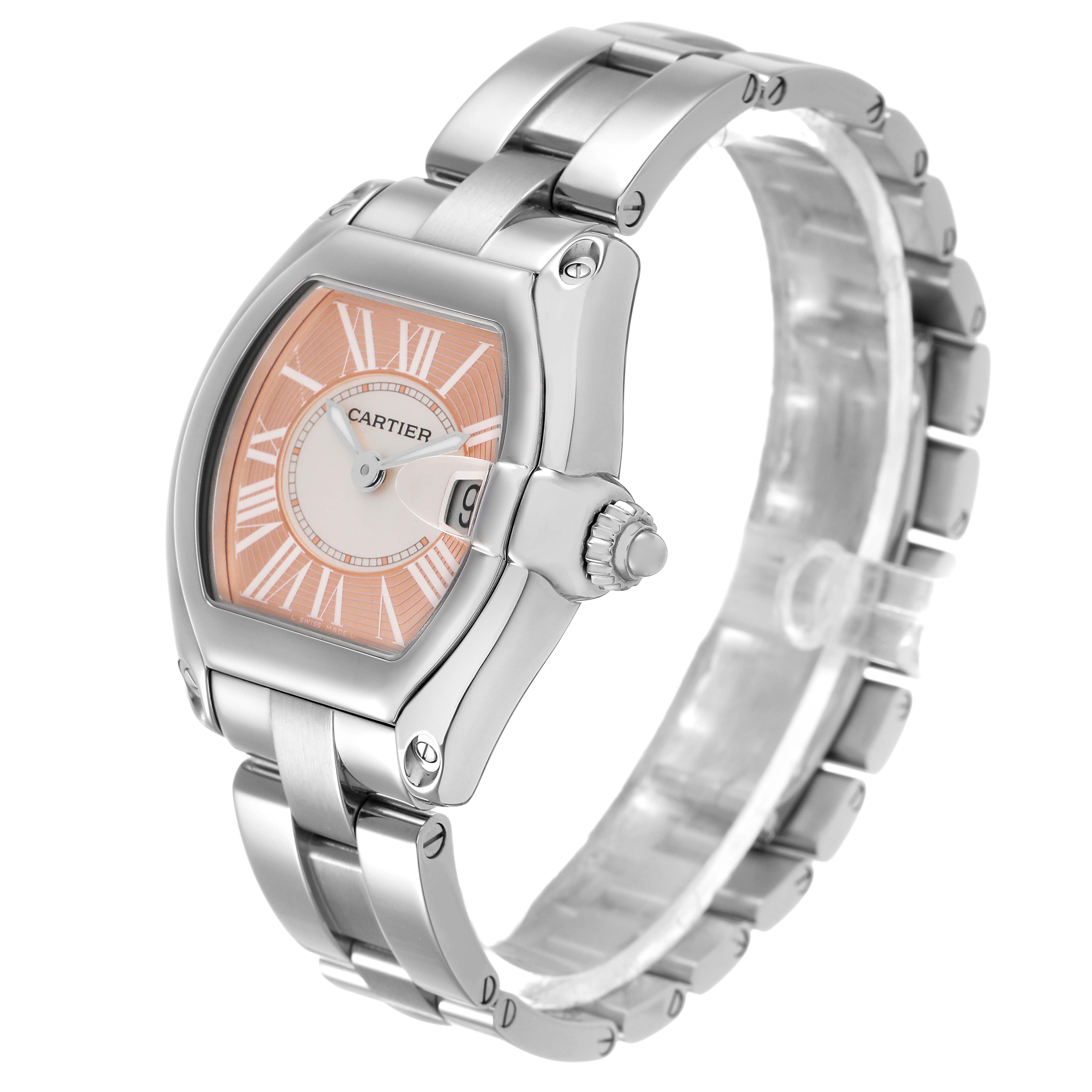 The Cartier Roadster W62054V3 Women's Stainless Steel Pink Dial watch is shown at a three-quarter angle, displaying the face, crown, and bracelet.