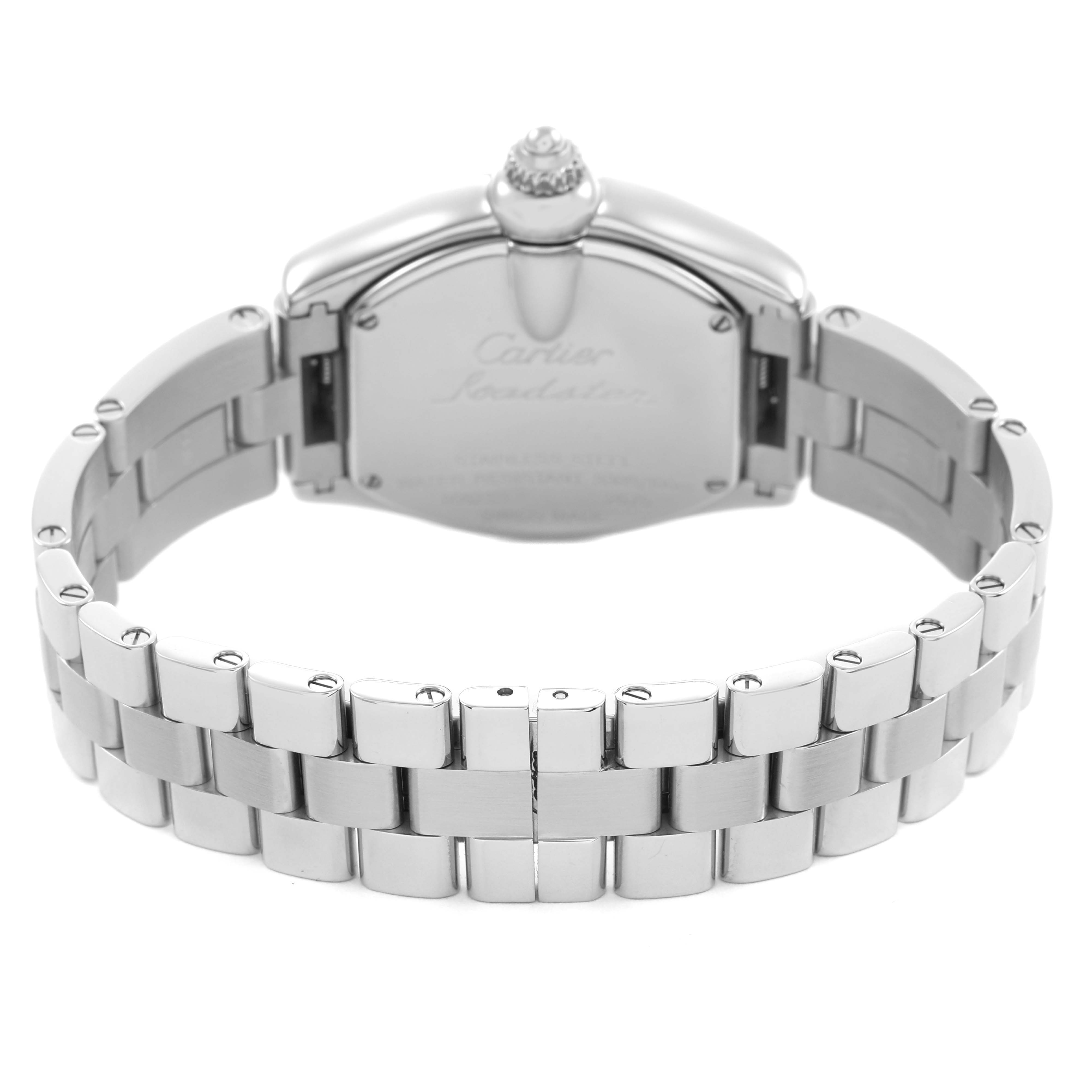 The image shows the back view of a Cartier Roadster W62054V3 Women's Stainless Steel Pink Dial watch, highlighting its metal bracelet and case back.