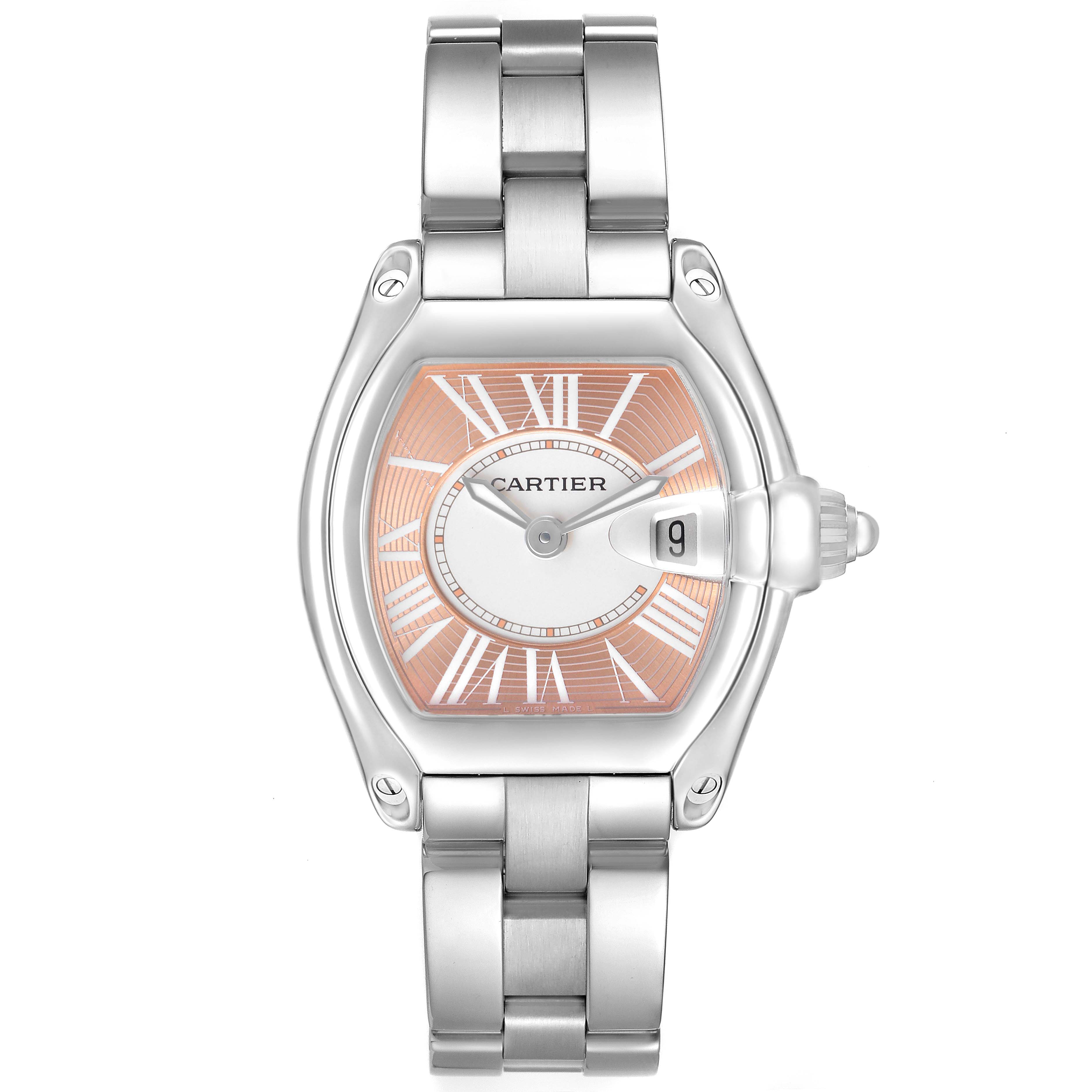 The Cartier Roadster W62054V3 Women's Stainless Steel Pink Dial watch is shown from the front, displaying the face, date window, and metal bracelet.