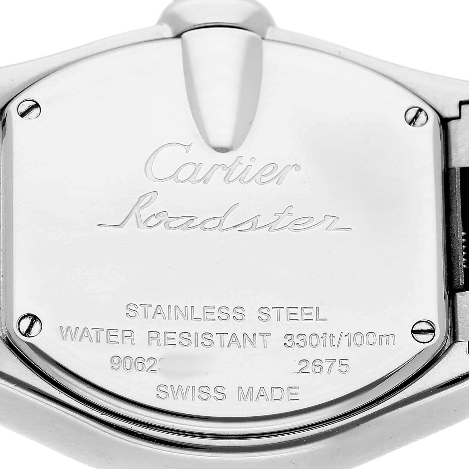 The image shows the back of the Cartier Roadster W62054V3 Women's Stainless Steel Pink Dial watch, displaying its stainless steel material and water resistance details.