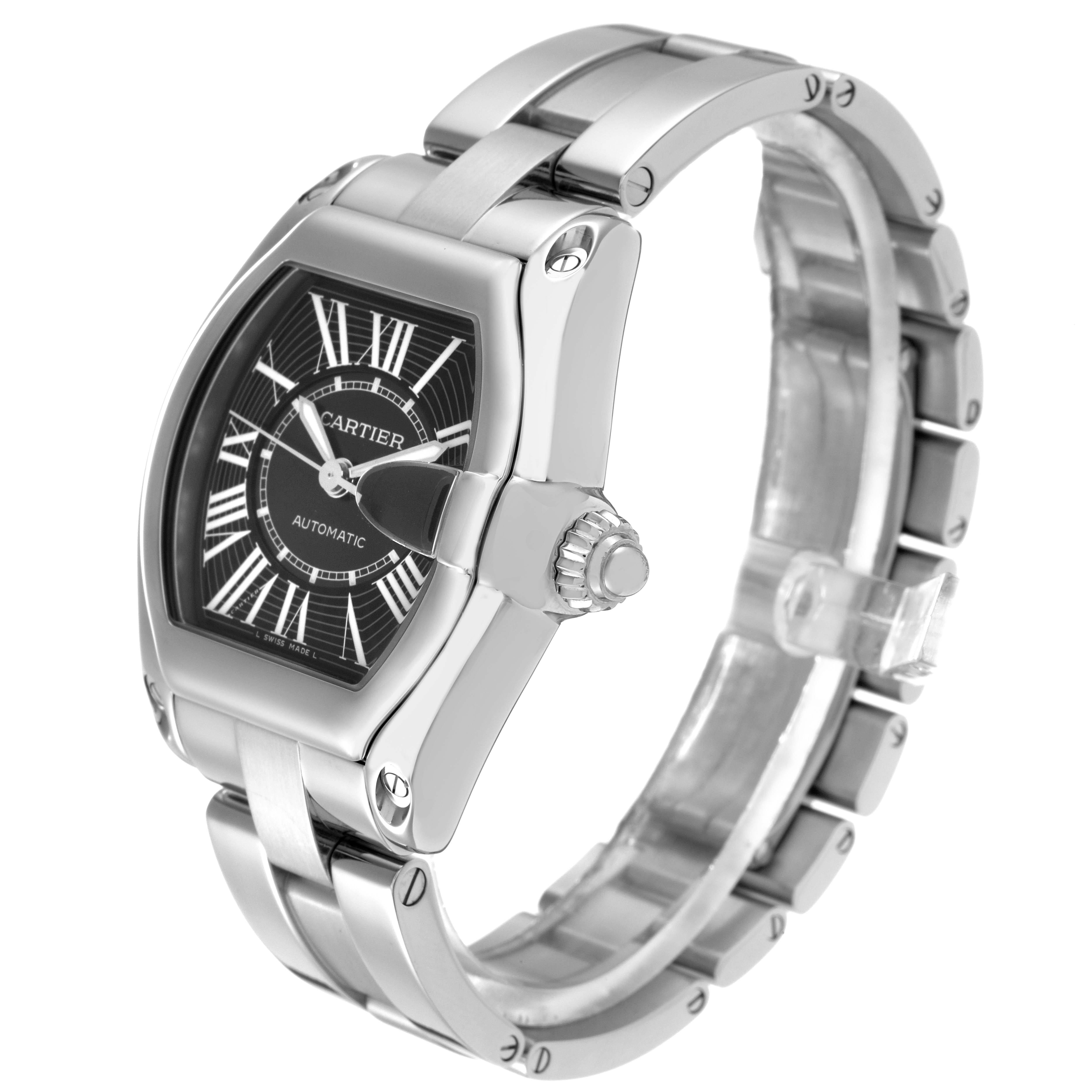 The Cartier Roadster W62041V3 Men
s Stainless Steel Black Dial W62041V3 Men
s Stainless Steel Black Dial watch is shown at a three-quarter angle, highlighting the black dial, Roman numerals, crown, and metal bracelet.