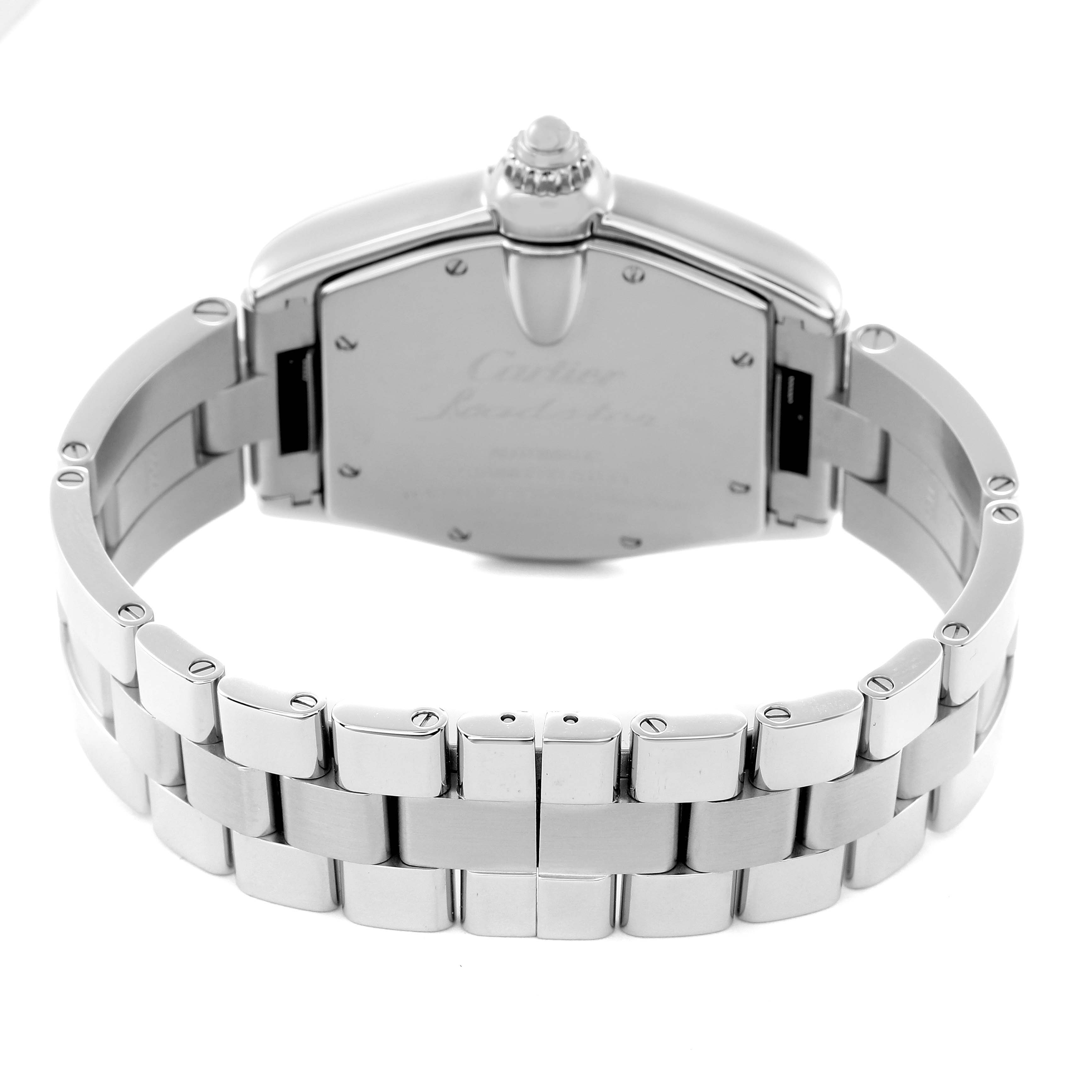 The image shows the back and bracelet of a Cartier Roadster W62041V3 Men
s Stainless Steel Black Dial W62041V3 Men
s Stainless Steel Black Dial watch from a slightly elevated angle.