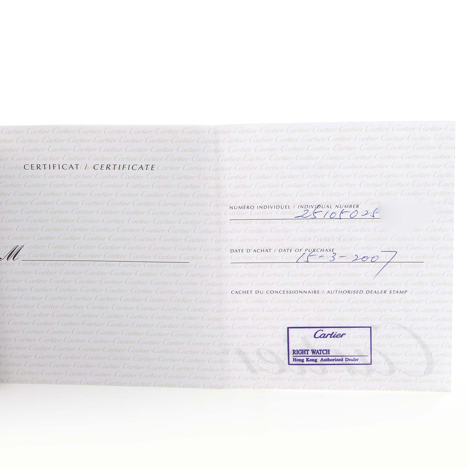 The image shows the certificate for a Cartier Roadster W62041V3 Men
s Stainless Steel Black Dial W62041V3 Men
s Stainless Steel Black Dial watch, displaying individual number and purchase date.