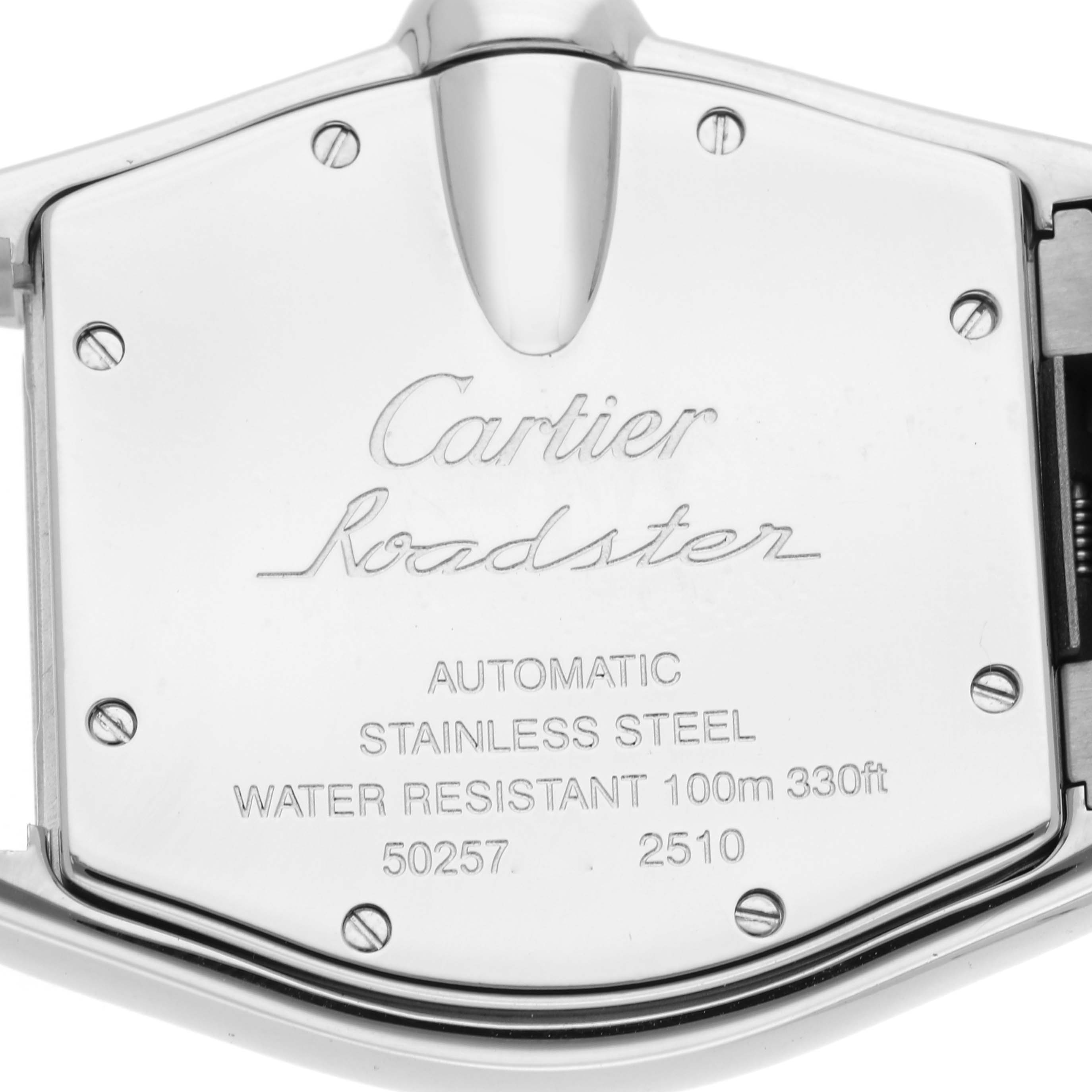 The image shows the back of a Cartier Roadster W62041V3 Men
s Stainless Steel Black Dial W62041V3 Men
s Stainless Steel Black Dial watch, displaying the case back details like material and water resistance.