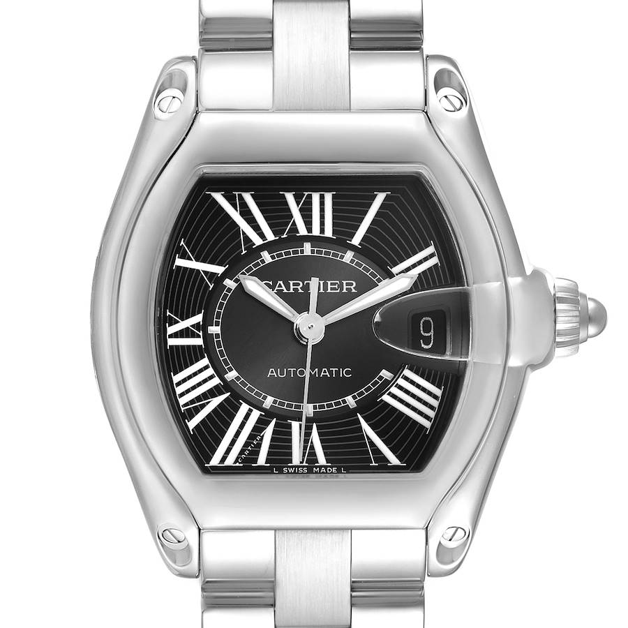 The Cartier Roadster watch is shown from a front angle, highlighting the dial, bezel, and part of the bracelet.