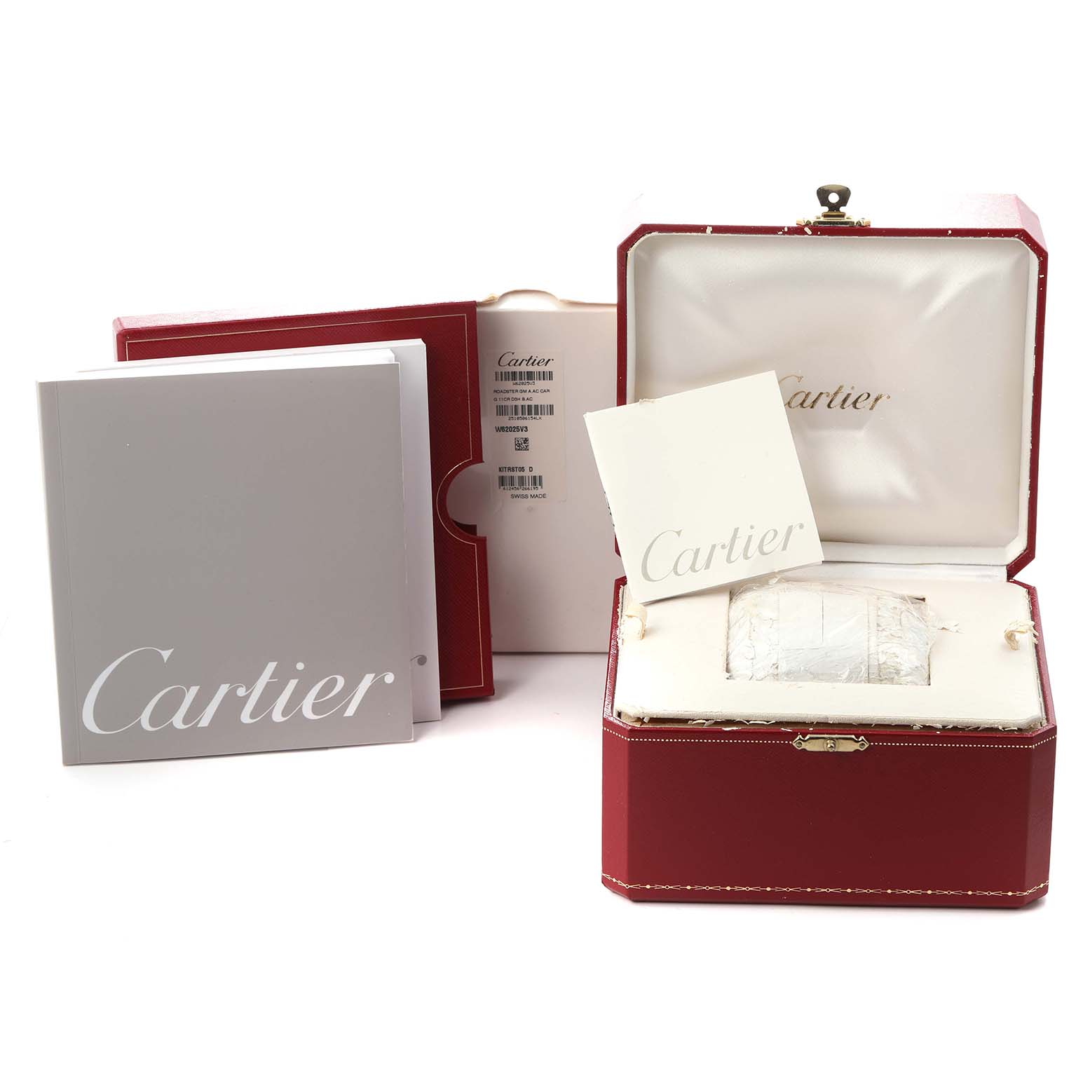 The image shows a Cartier Roadster W62041V3 Men
s Stainless Steel Black Dial W62041V3 Men
s Stainless Steel Black Dial watch in its red presentation box along with documentation, viewed from the front.
