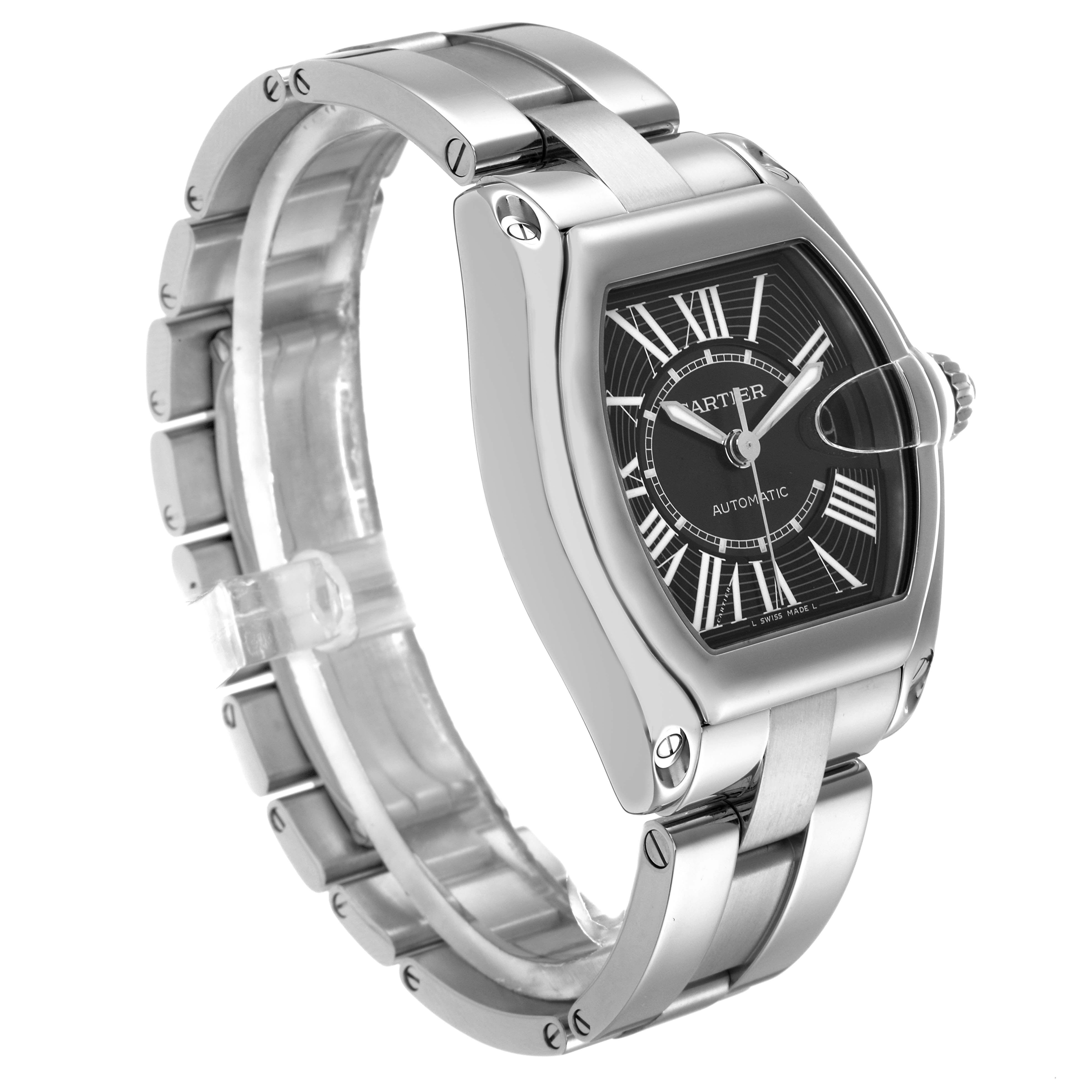 The Cartier Roadster W62041V3 Men
s Stainless Steel Black Dial W62041V3 Men
s Stainless Steel Black Dial watch is shown at an angled side view, highlighting the case, dial, and bracelet.