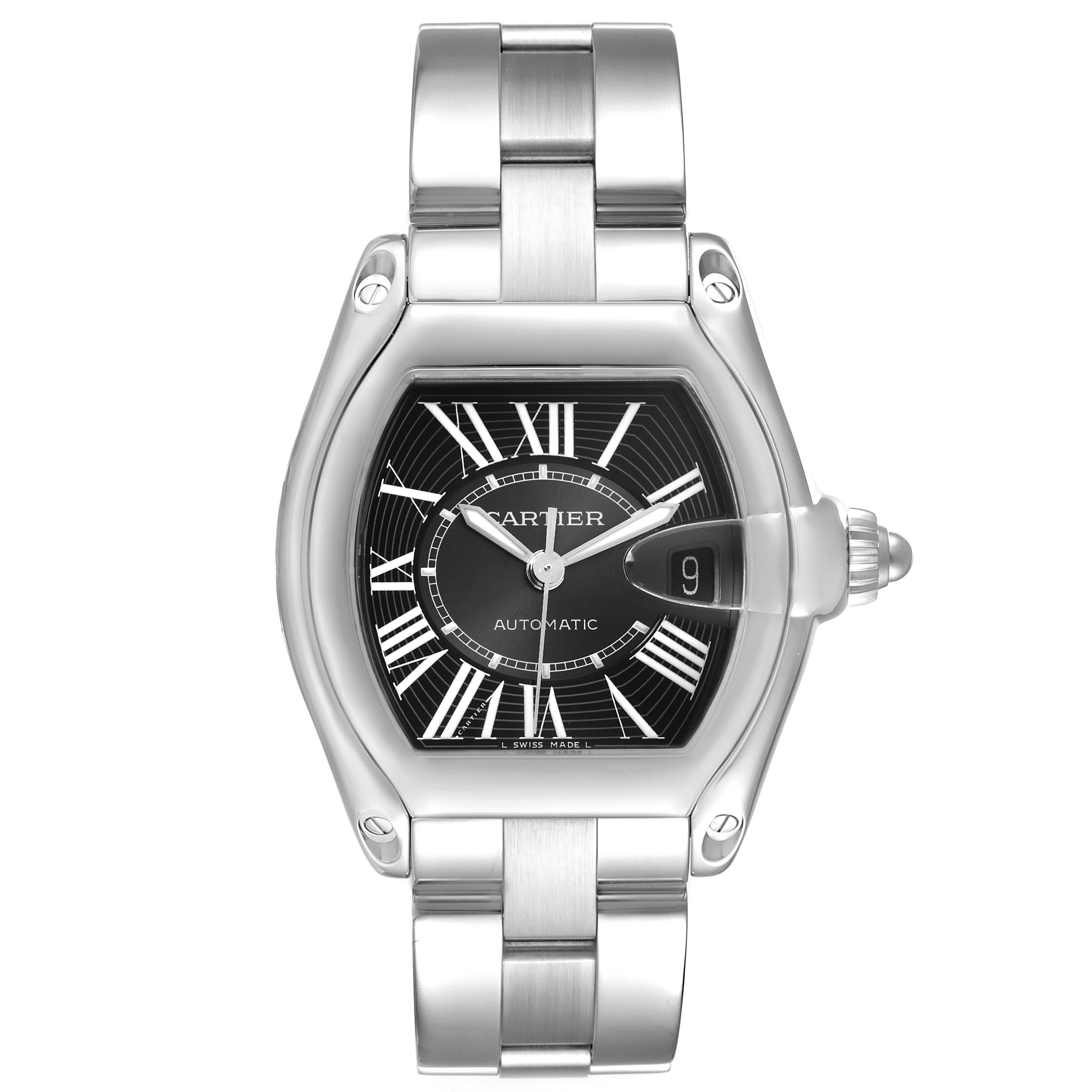The Cartier Roadster W62041V3 Men
s Stainless Steel Black Dial W62041V3 Men
s Stainless Steel Black Dial watch is shown from a frontal angle, highlighting its face, bezel, and strap.