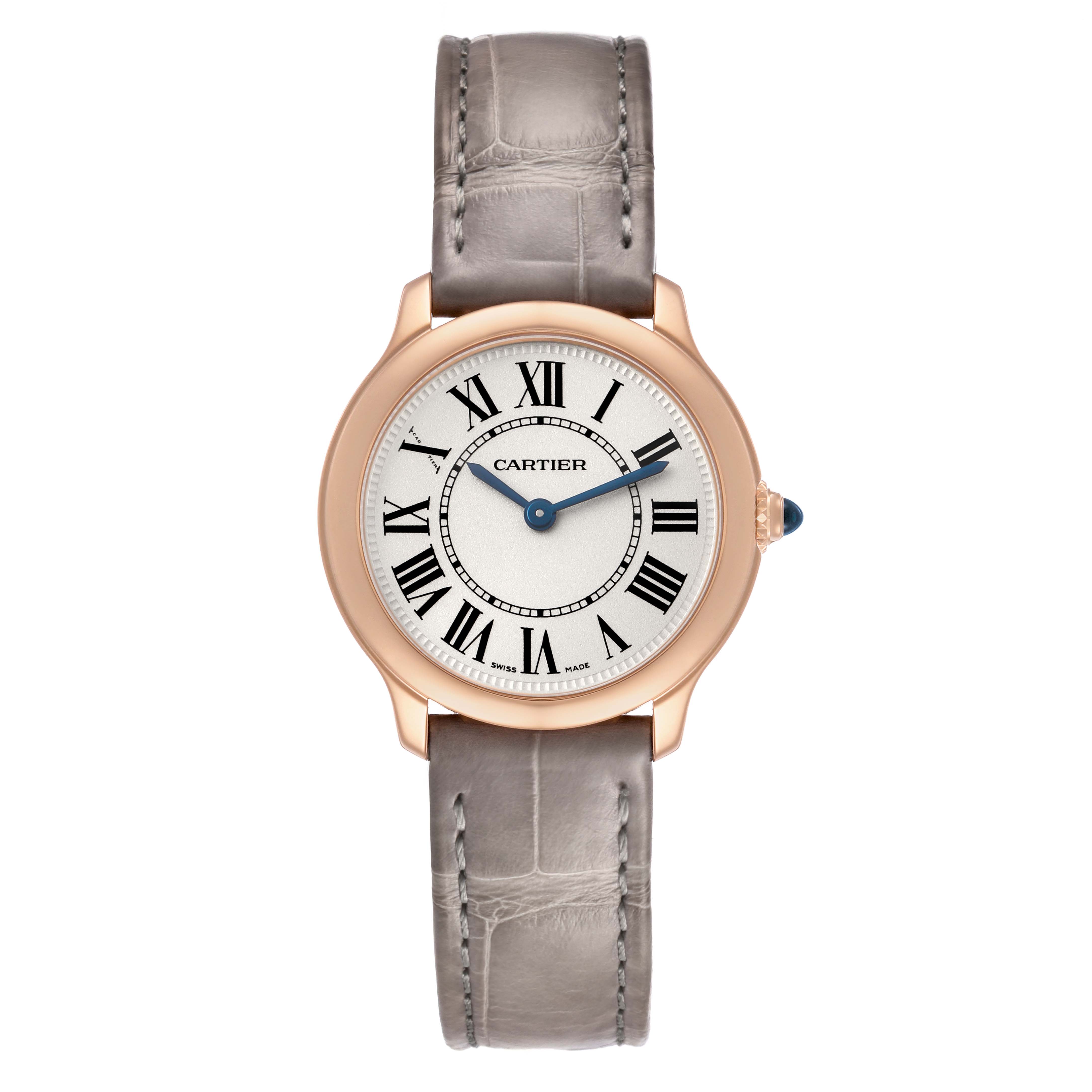 The Cartier Ronde WGRN0013 Women's Rose Gold Silver Dial watch is shown from the front, displaying its round face, Roman numerals, and leather strap.