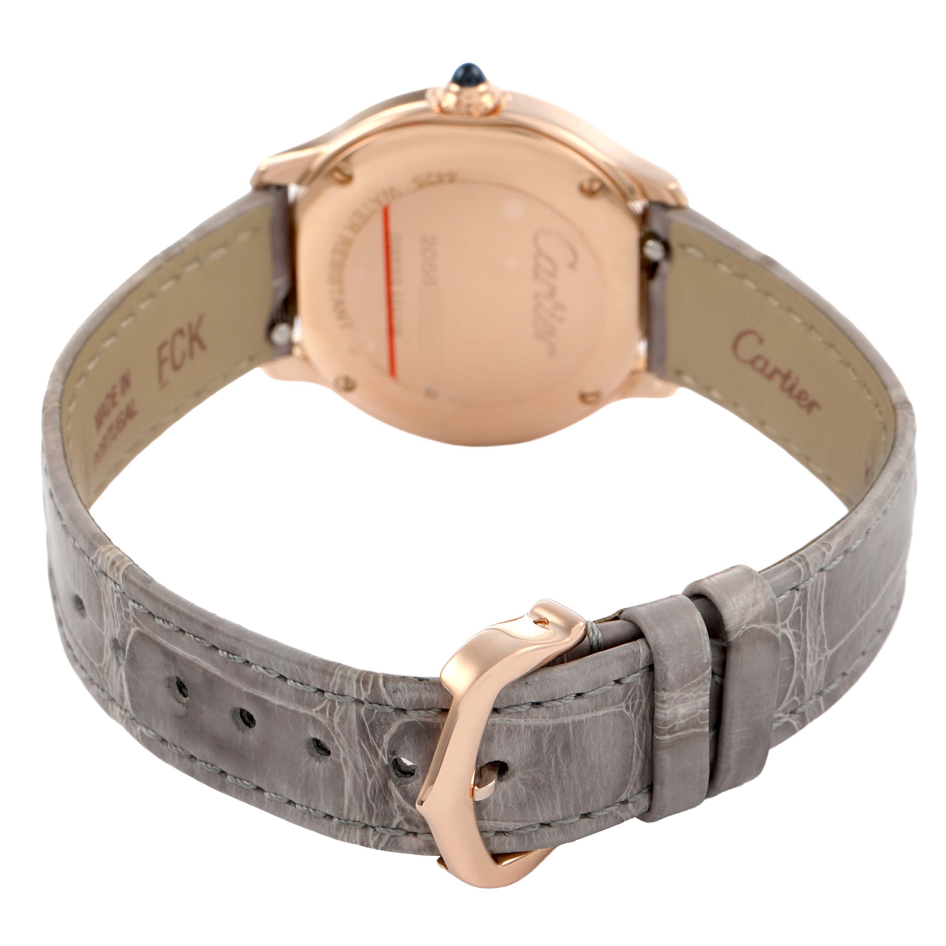 The image shows the back and strap of the Cartier Ronde WGRN0013 Women's Rose Gold Silver Dial watch, highlighting the buckle and case back.