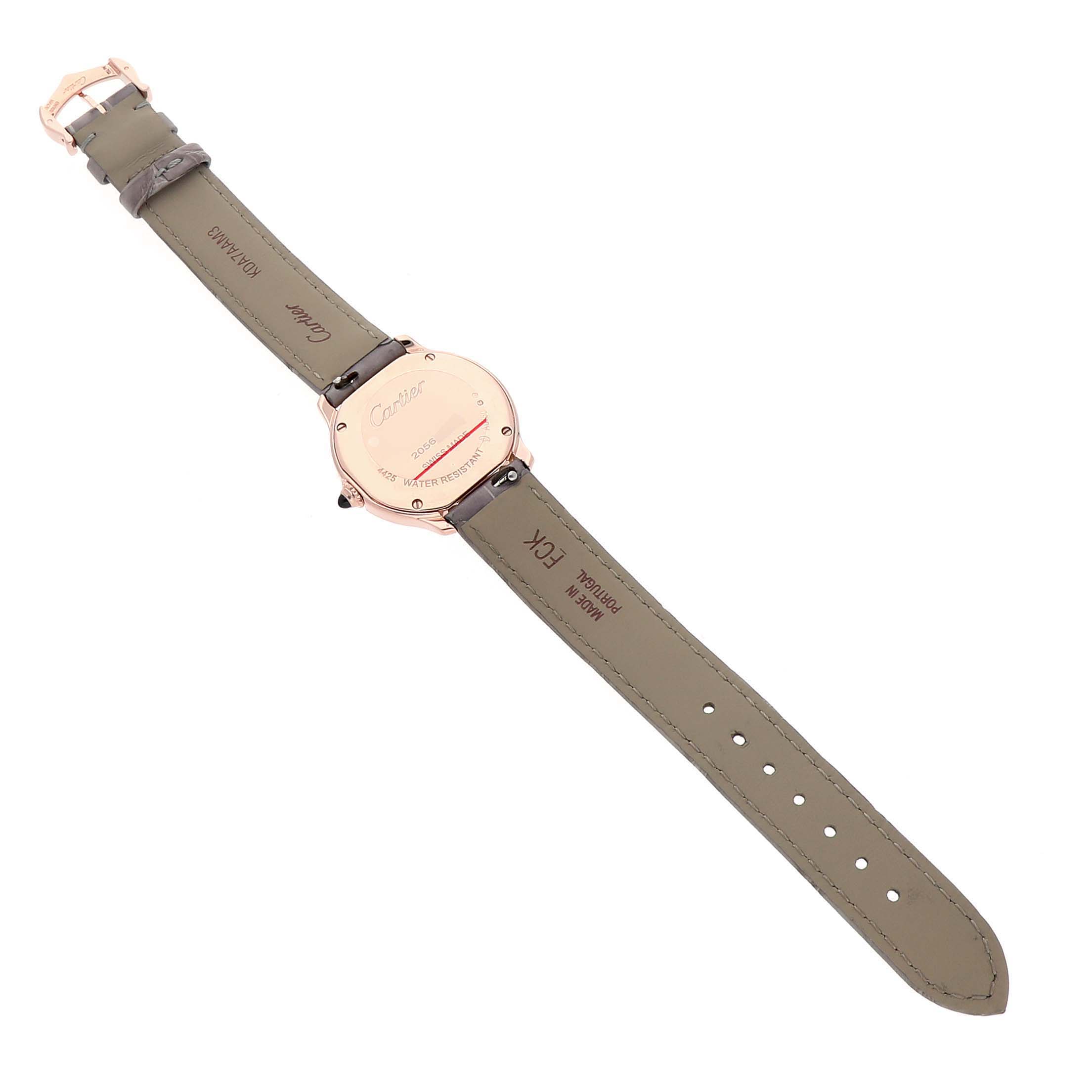 The image shows the back view of the Cartier Ronde WGRN0013 Women's Rose Gold Silver Dial watch, displaying the case back and leather straps.