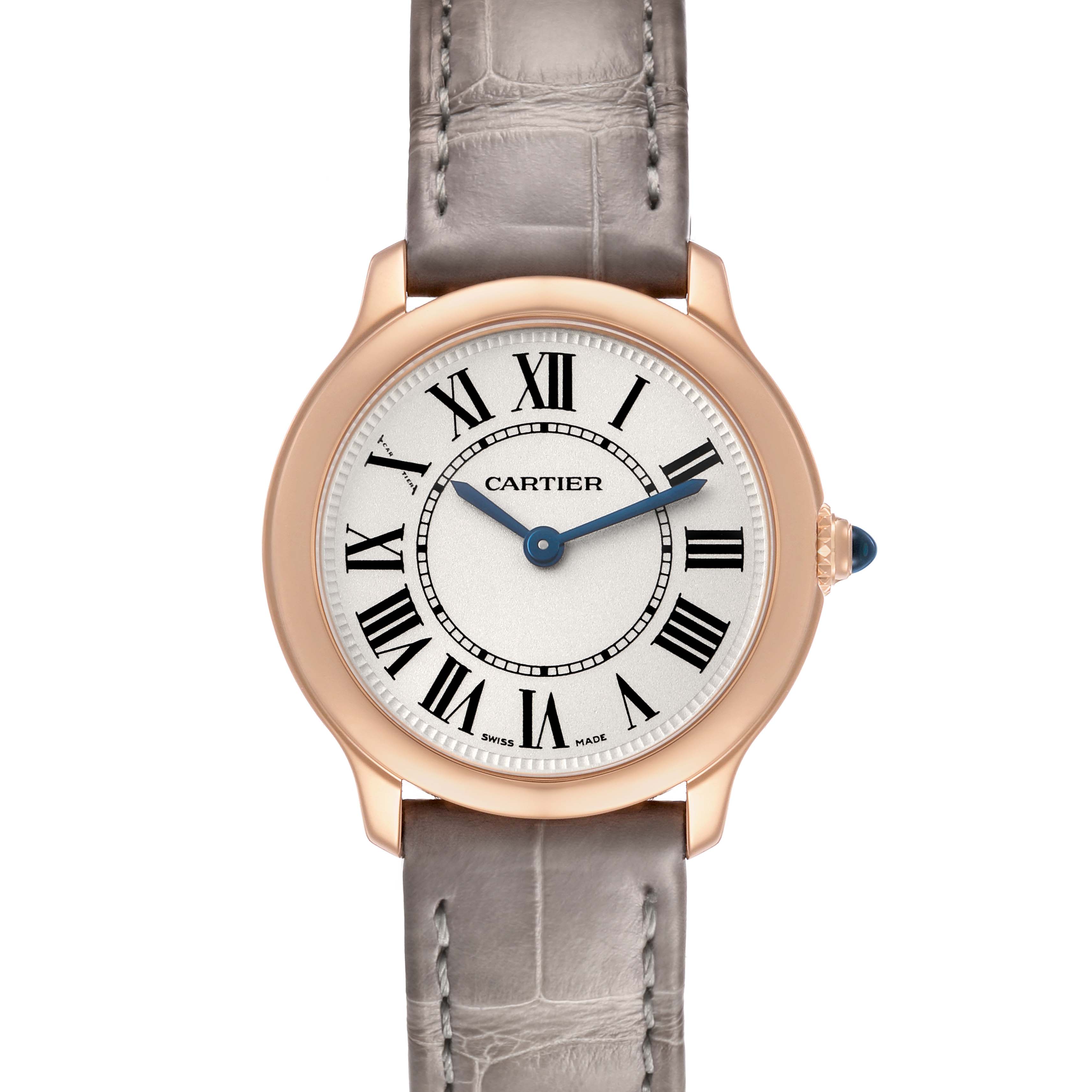 The Cartier Ronde WGRN0013 Women's Rose Gold Silver Dial watch face is shown from the front, displaying the dial, hands, and strap.