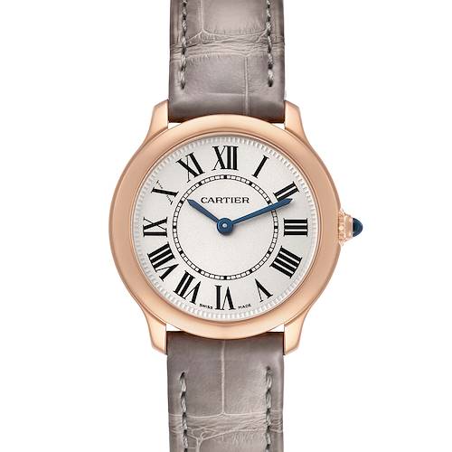 The Cartier Ronde WGRN0013 Women's Rose Gold Silver Dial watch is shown from the front, displaying the face, hands, Roman numerals, and a leather strap.