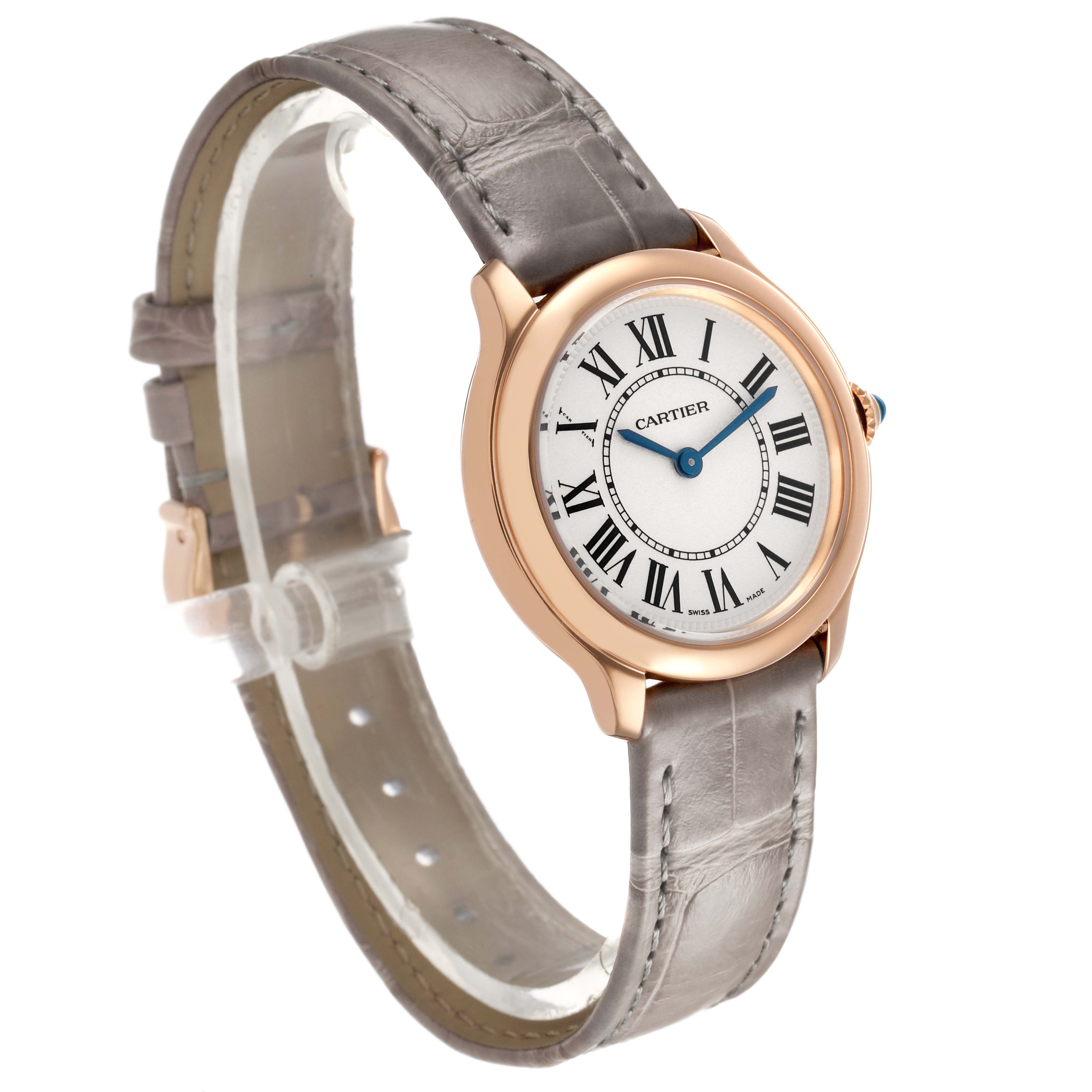 The Cartier Ronde WGRN0013 Women's Rose Gold Silver Dial watch is shown at an angle displaying the face, leather strap, and Roman numeral markers.