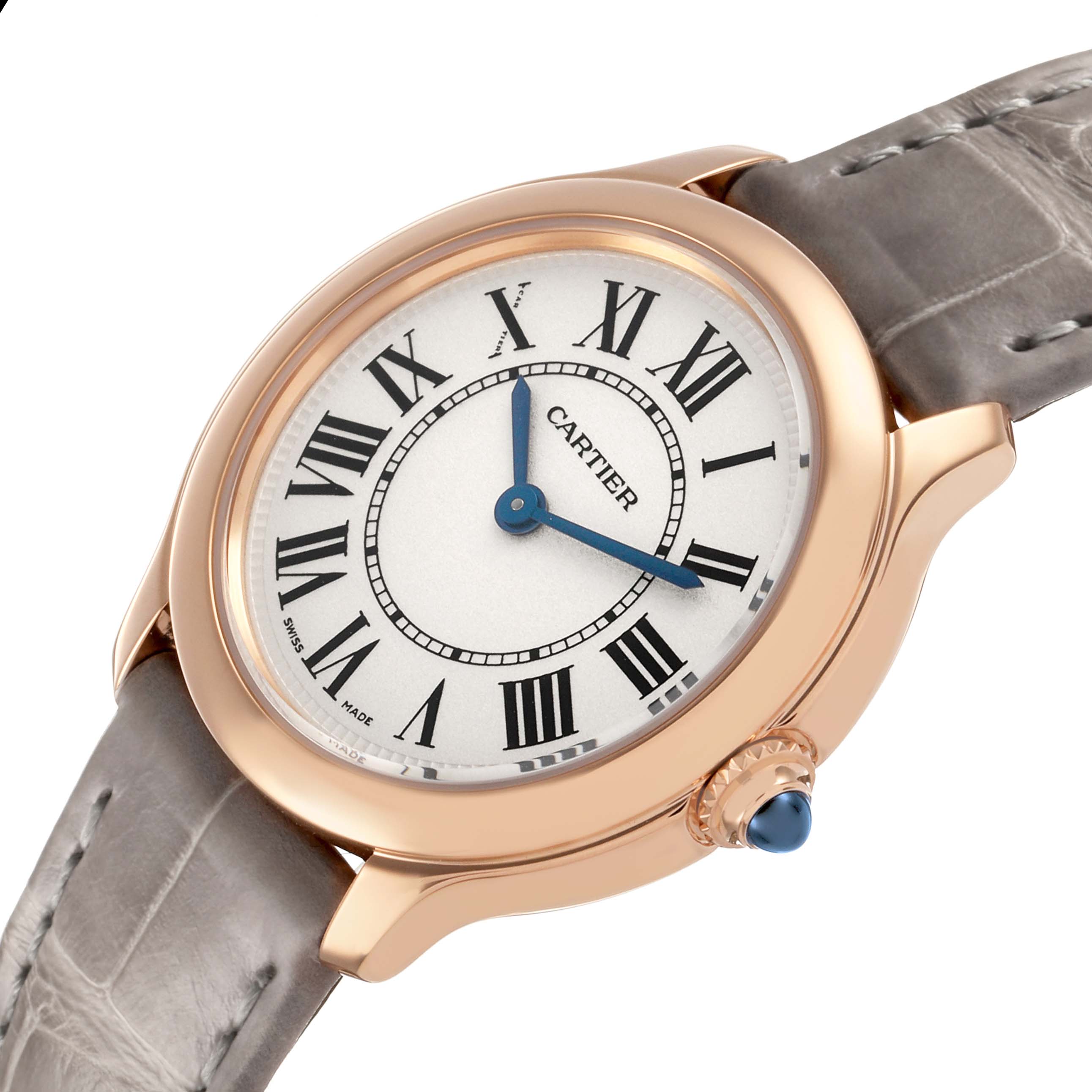 The Cartier Ronde WGRN0013 Women's Rose Gold Silver Dial watch is shown at a slight angle, displaying the dial, Roman numerals, blue hands, crown, and leather strap.