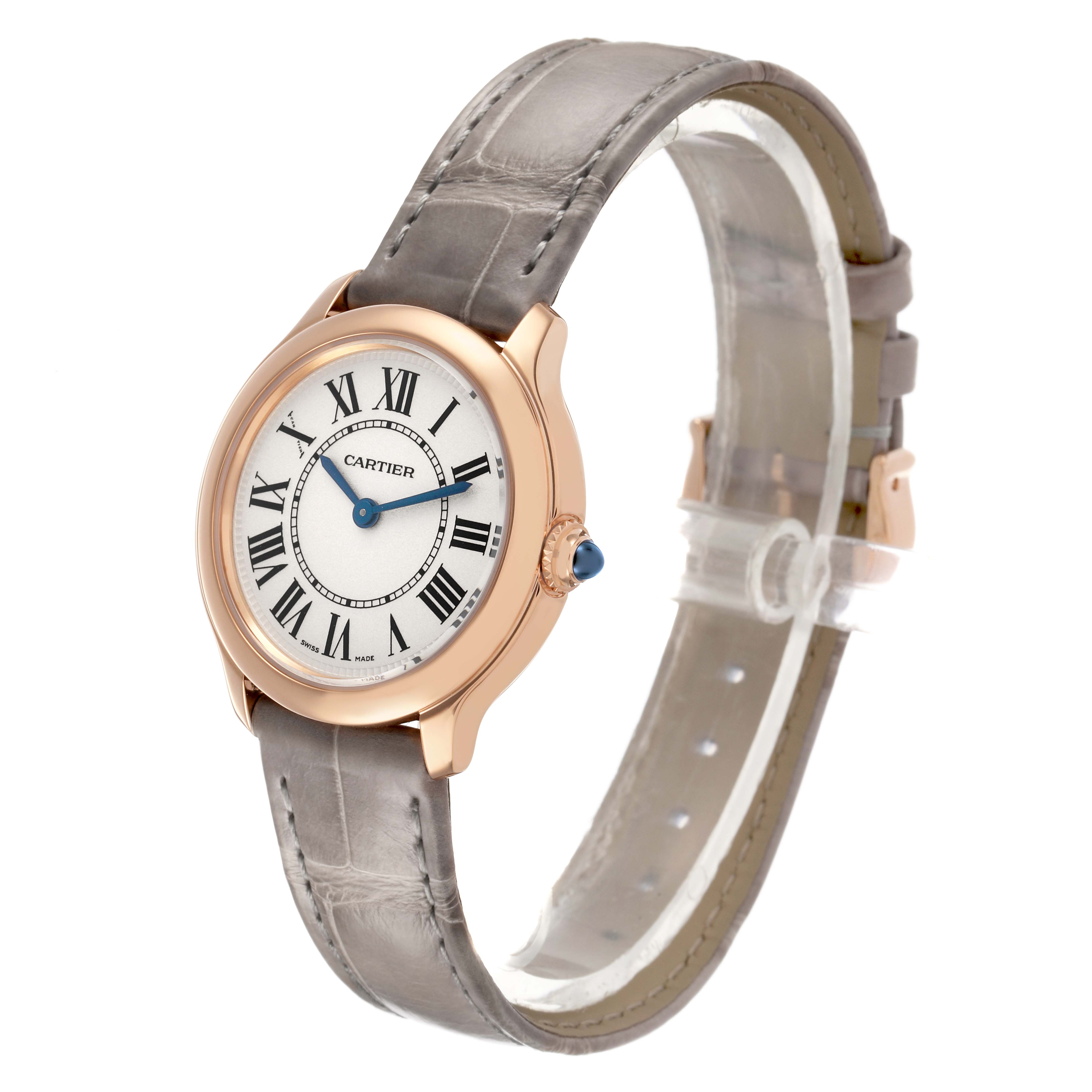 The Cartier Ronde WGRN0013 Women's Rose Gold Silver Dial watch is shown at a three-quarter angle, highlighting the face, Roman numerals, case, and leather strap.
