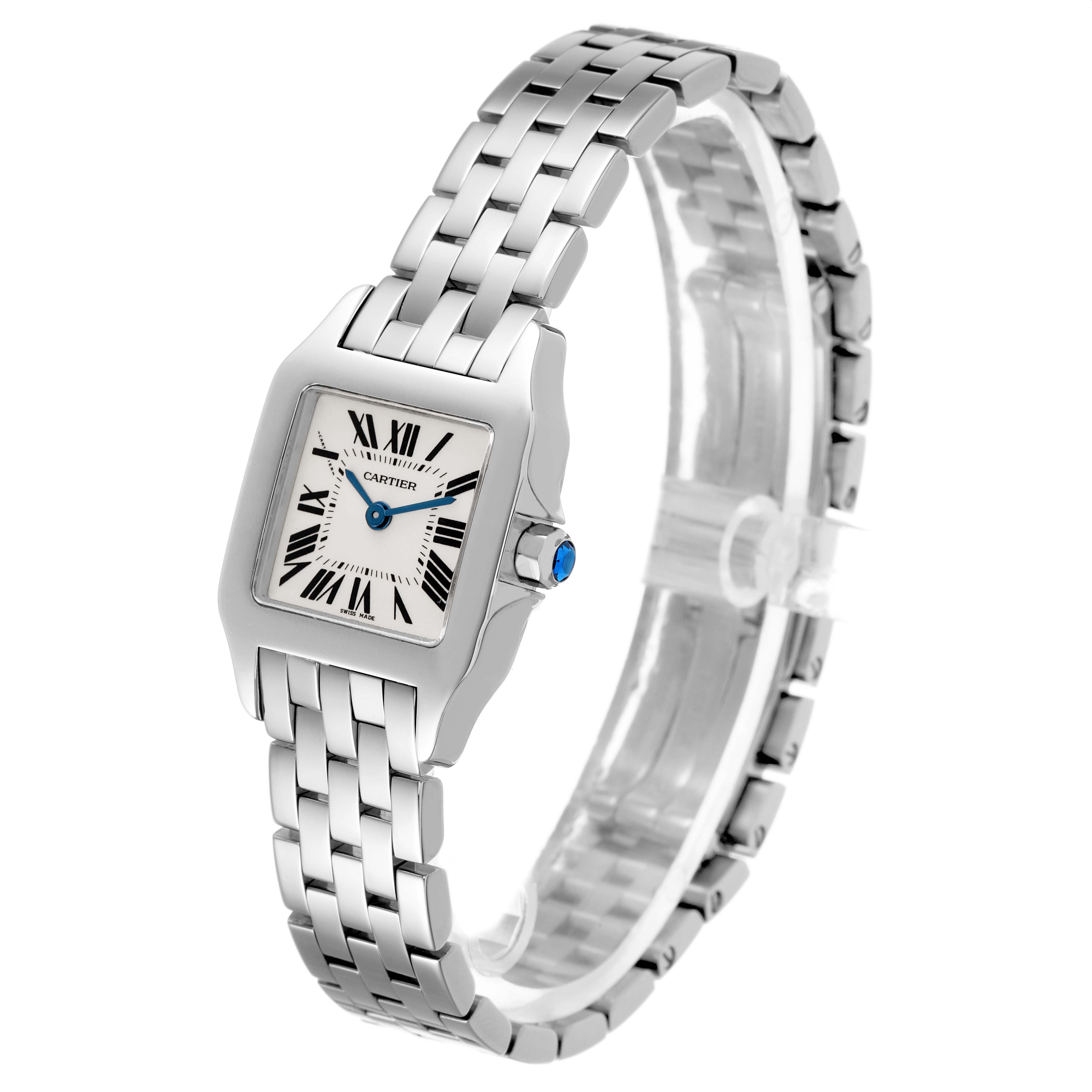 The Cartier Santos Demoiselle W25064Z5 Women's Stainless Steel Silver Dial watch is shown at a three-quarter angle, highlighting its face, bracelet, and crown with a blue gem.