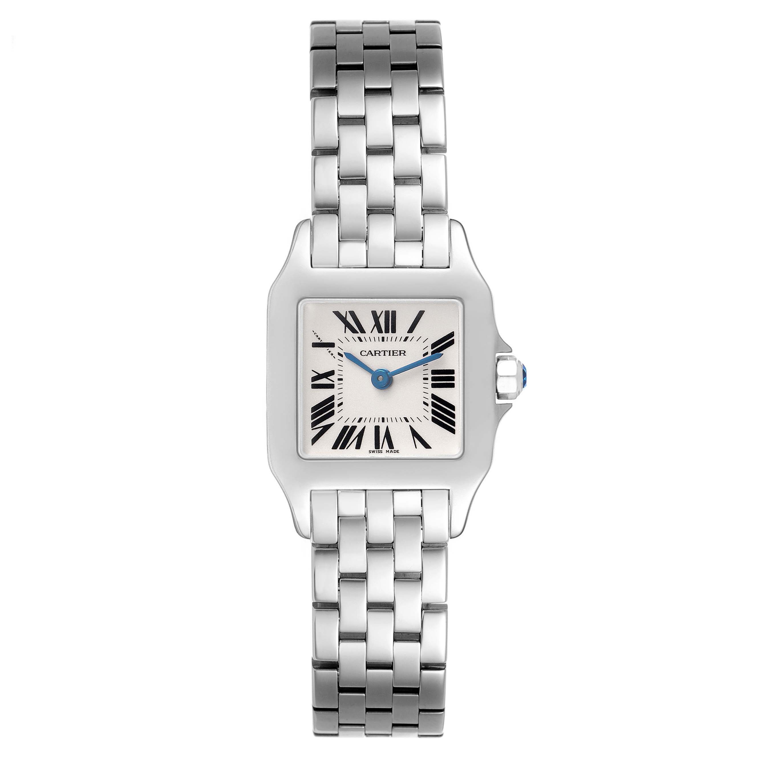 The Cartier Santos Demoiselle W25064Z5 Women's Stainless Steel Silver Dial watch is shown from a top-down angle, displaying the face, bezel, and metal bracelet.