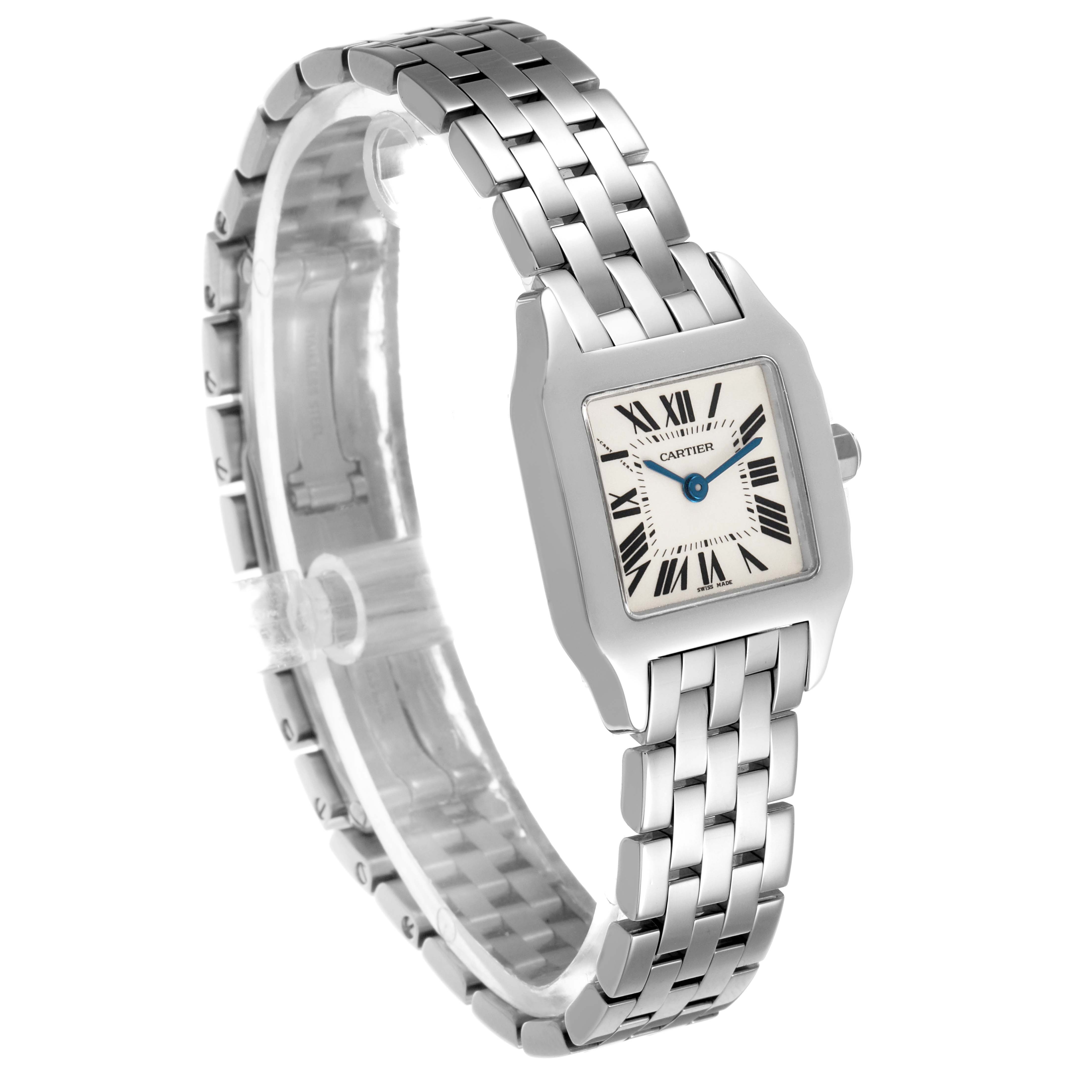 The Cartier Santos Demoiselle W25064Z5 Women's Stainless Steel Silver Dial watch is shown at a slight angle, highlighting the rectangular face, stainless steel bracelet, and Roman numeral dial.