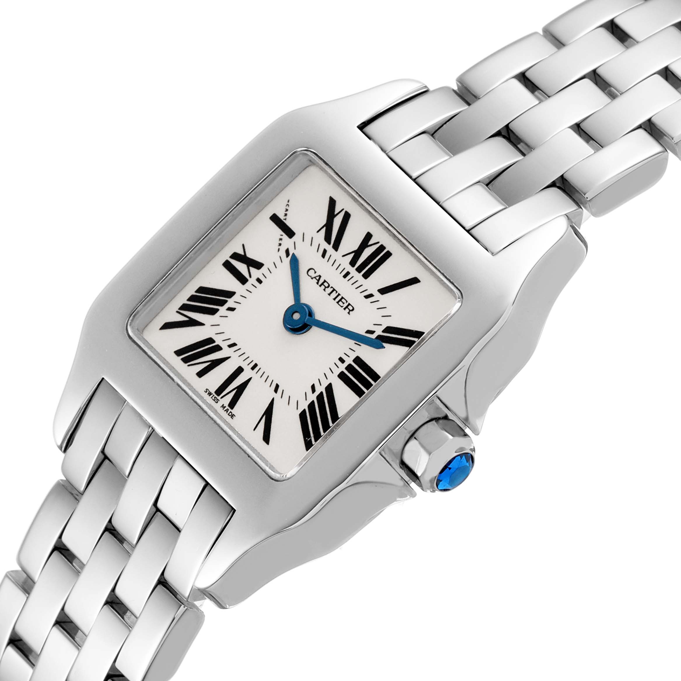 The Cartier Santos Demoiselle W25064Z5 Women's Stainless Steel Silver Dial watch is shown from an upper angle, highlighting the square dial, Roman numerals, and metal bracelet.