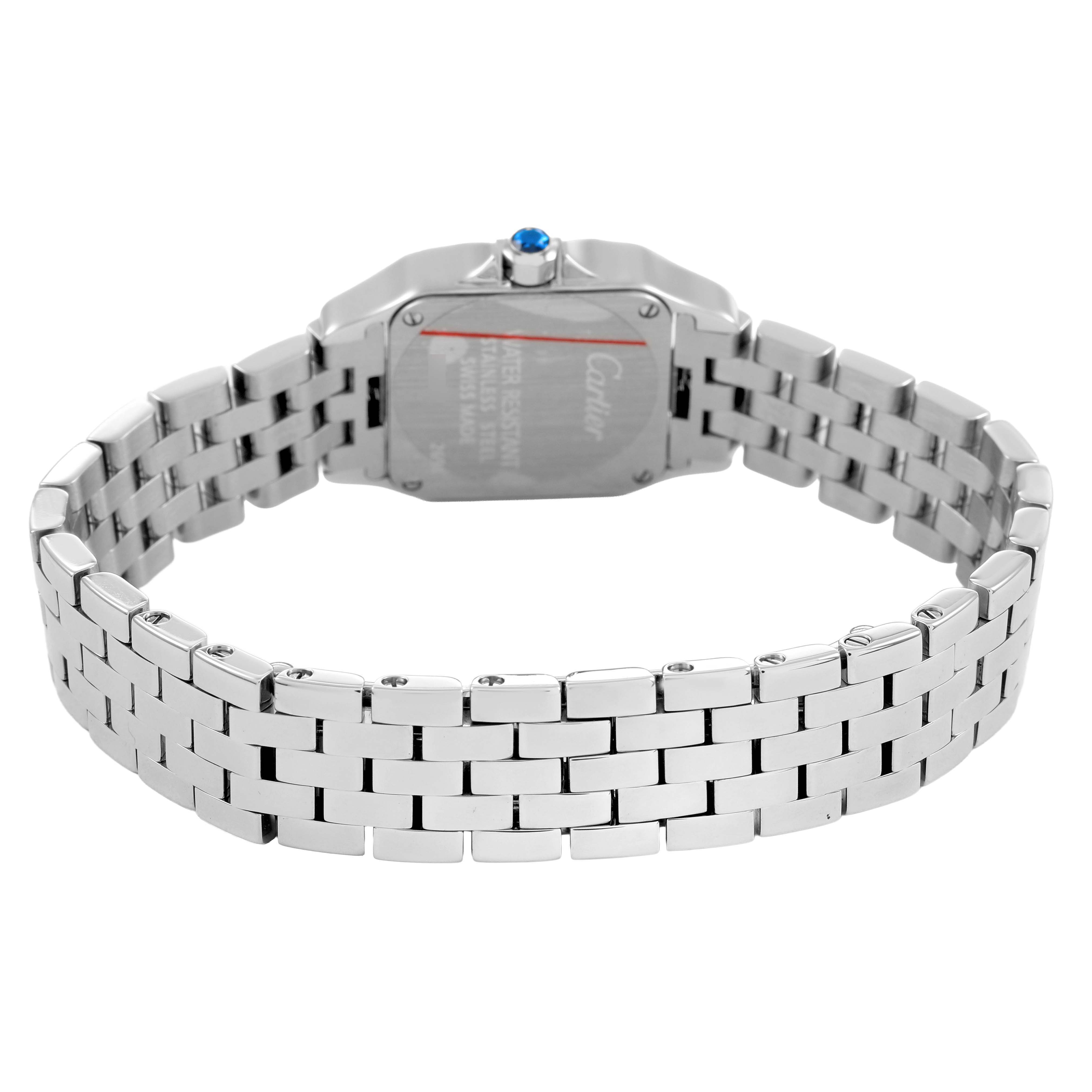 The image shows the back view of a Cartier Santos Demoiselle W25064Z5 Women's Stainless Steel Silver Dial watch, highlighting the bracelet and clasp details.