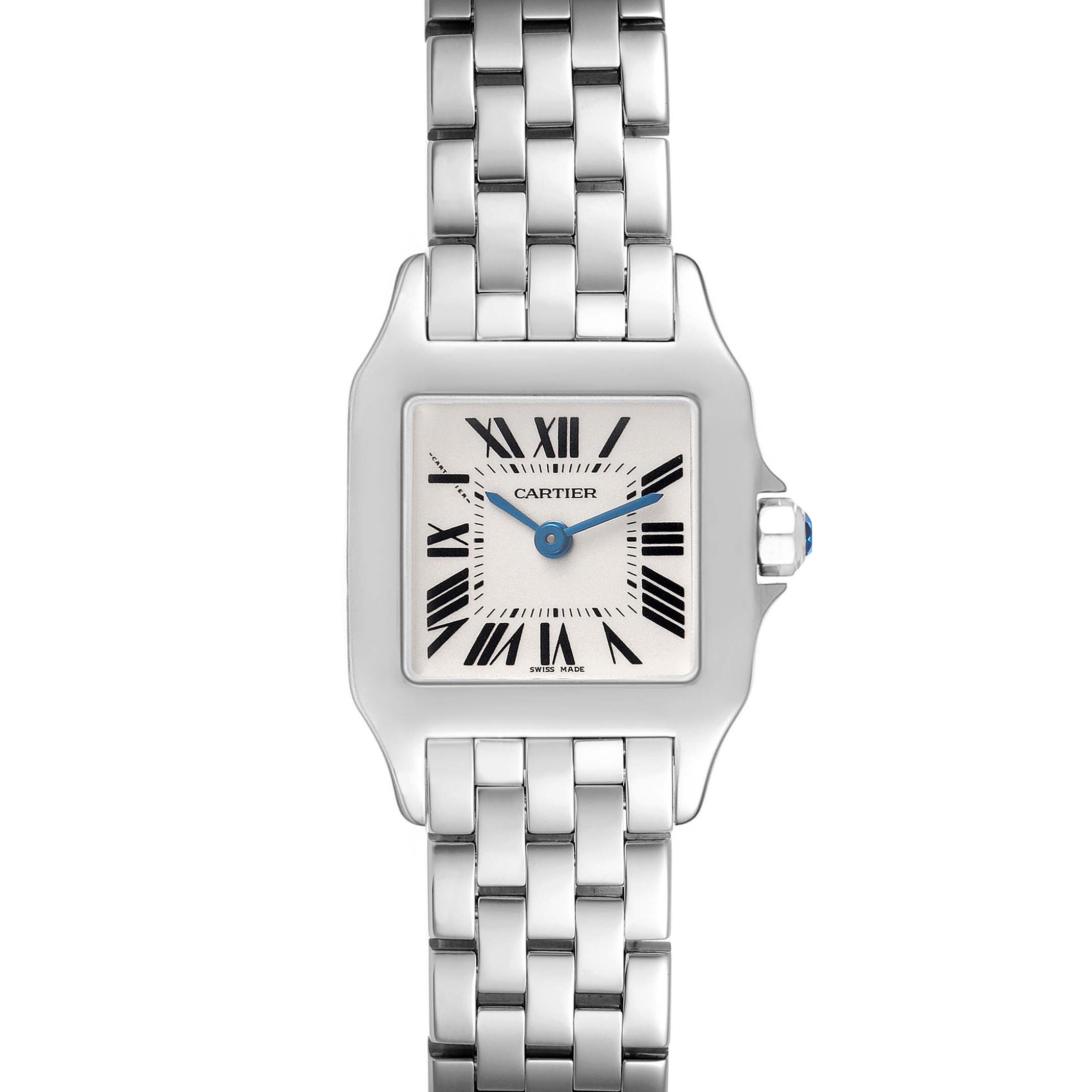 The Cartier Santos Demoiselle W25064Z5 Women's Stainless Steel Silver Dial watch is shown from a front angle, highlighting the case, dial, and bracelet.