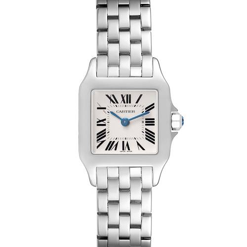 The Cartier Santos Demoiselle W25064Z5 Women's Stainless Steel Silver Dial watch is shown from a front angle, displaying its square face, Roman numerals, and metal bracelet.