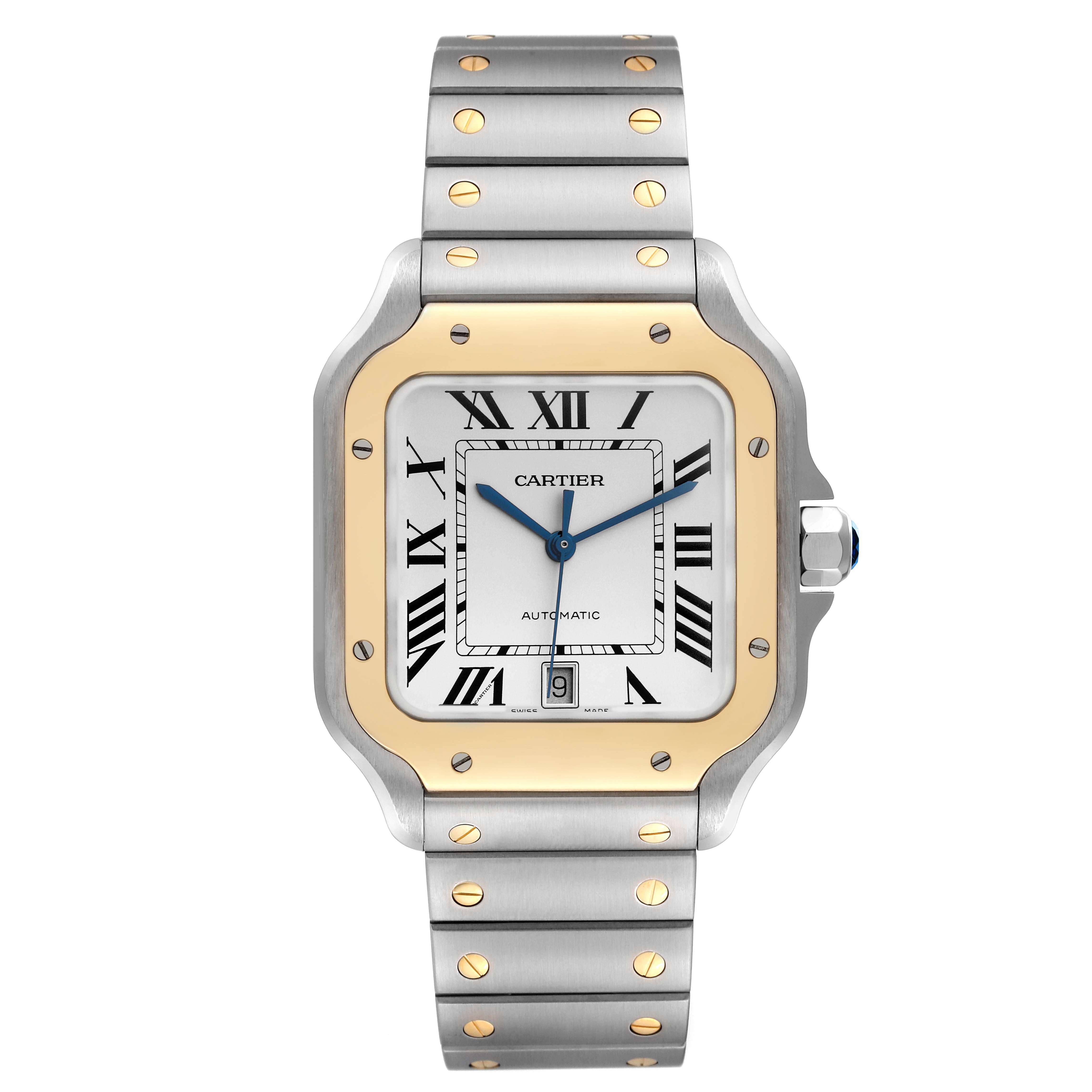 This image shows a front view of the Santos model by Cartier, displaying the dial, bezel, and bracelet.