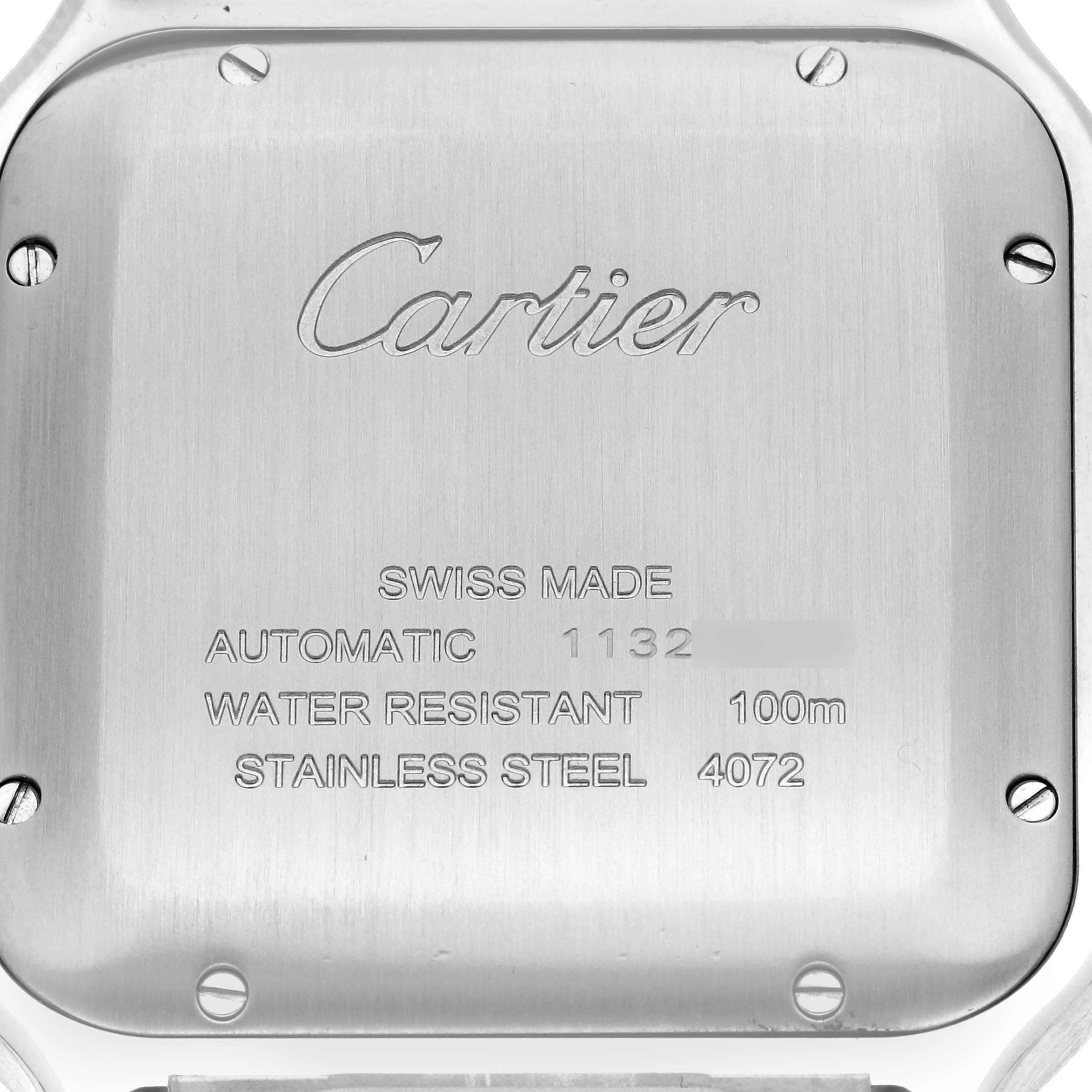 This image shows the back case of a Santos model watch by Cartier, displaying the brand, model details, and specifications.