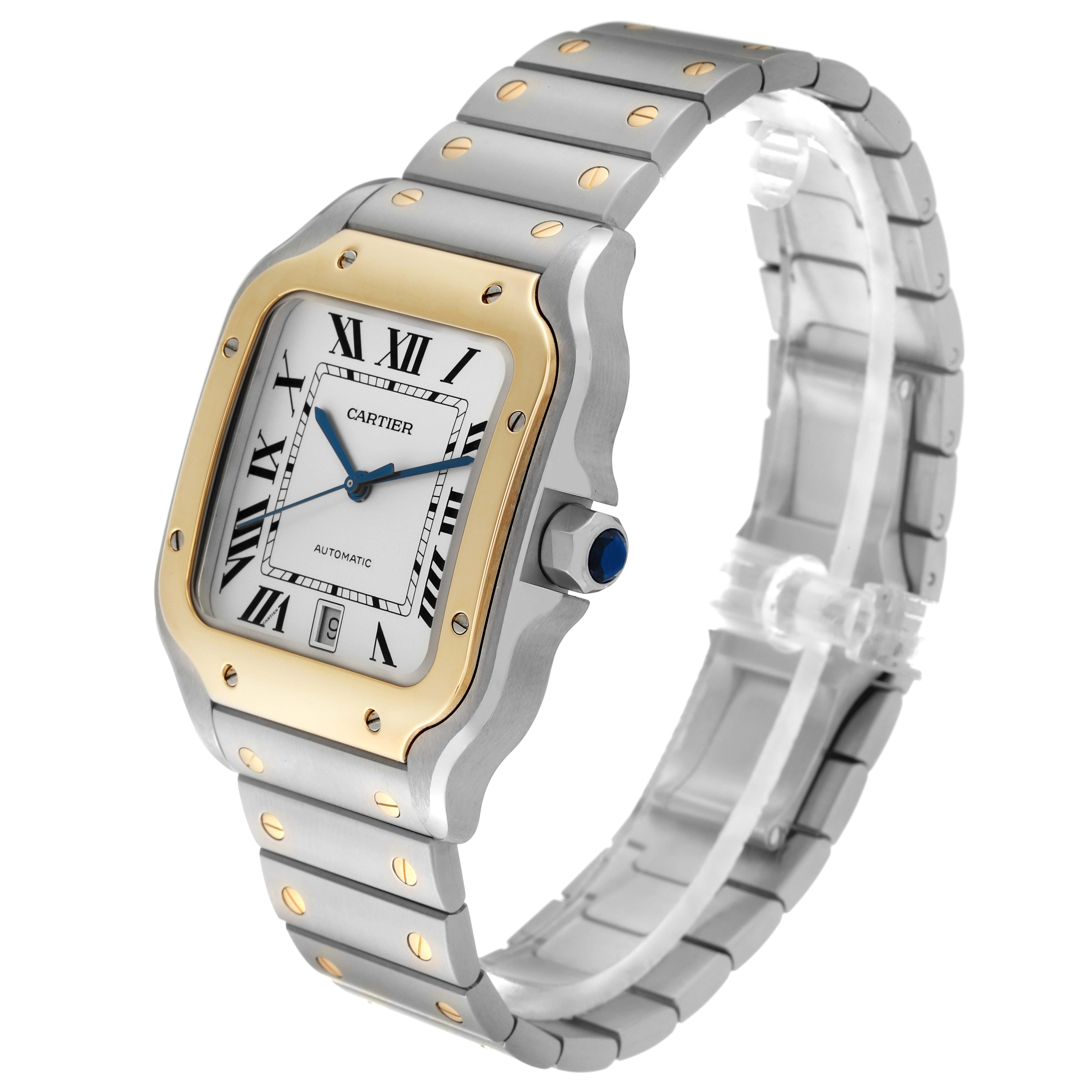 The Cartier Santos W2SA0006 Men's Steel and Gold (two tone) Silver Dial W2SA0006 Men's Steel and Gold (two tone) Silver Dial watch is shown at a slight angle, displaying the face, case, and bracelet.