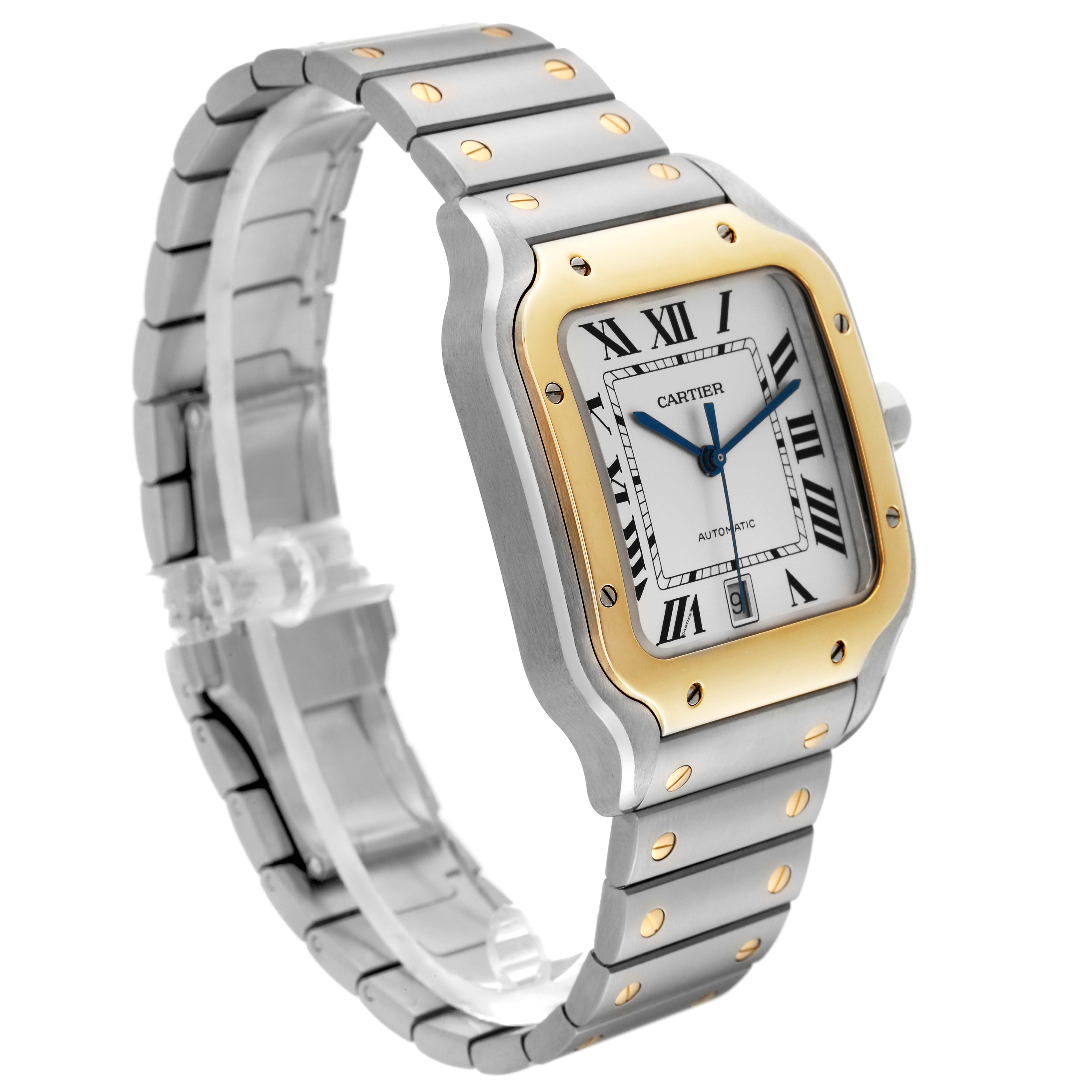 This image shows a Santos model by Cartier from an angled side view, highlighting the watch face, gold bezel, and metal bracelet.