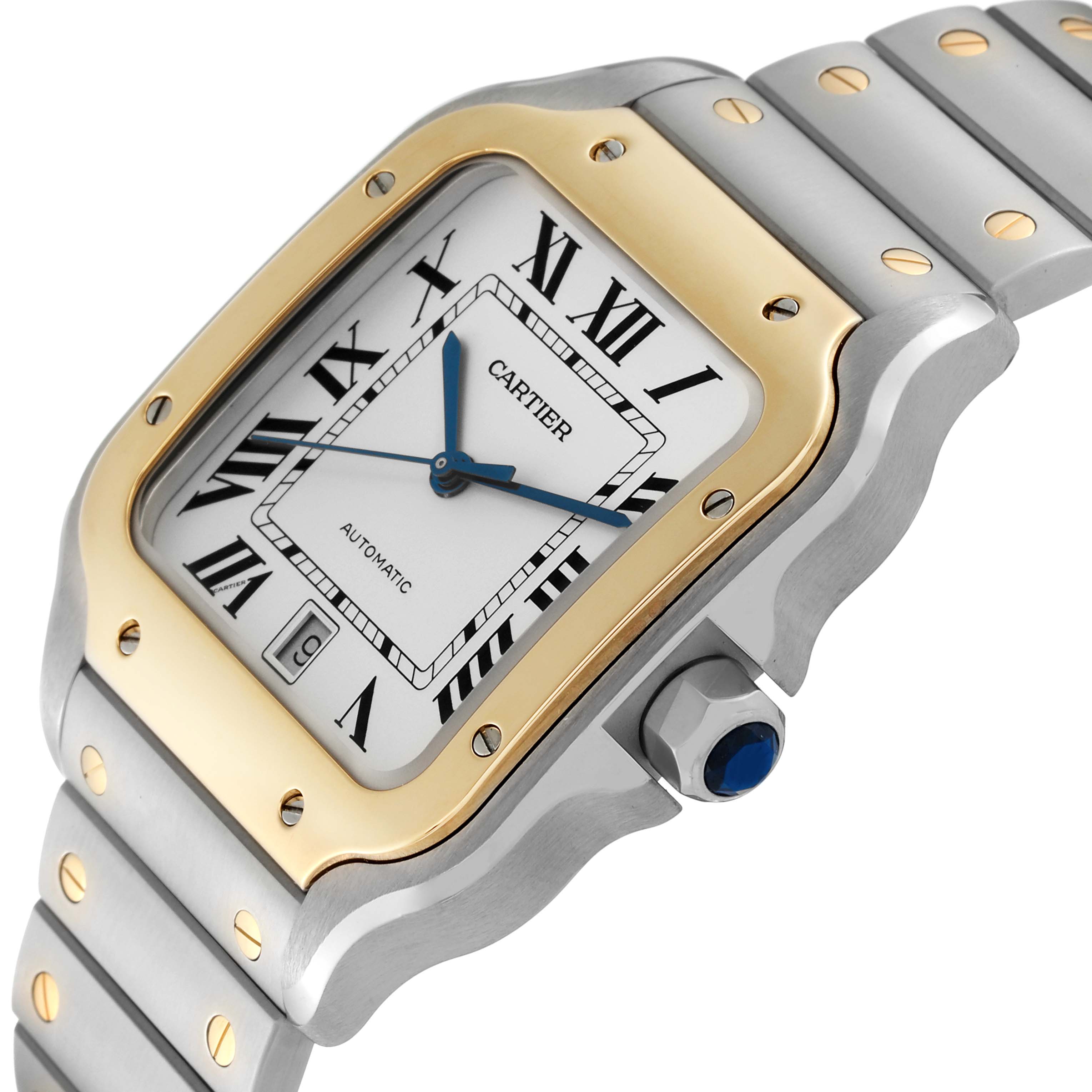 This image shows a close-up of the Cartier Santos W2SA0006 Men's Steel and Gold (two tone) Silver Dial W2SA0006 Men's Steel and Gold (two tone) Silver Dial model watch face, bezel, crown, and bracelet.