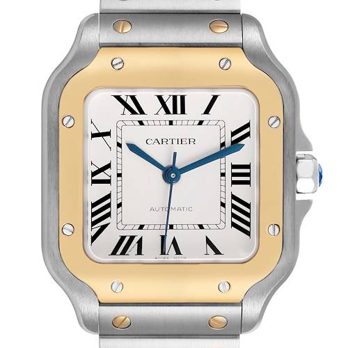 The image shows a front view of the Cartier Santos W2SA0016 Men's Stainless Steel Silver Dial watch, highlighting the face, bezel, and part of the bracelet.