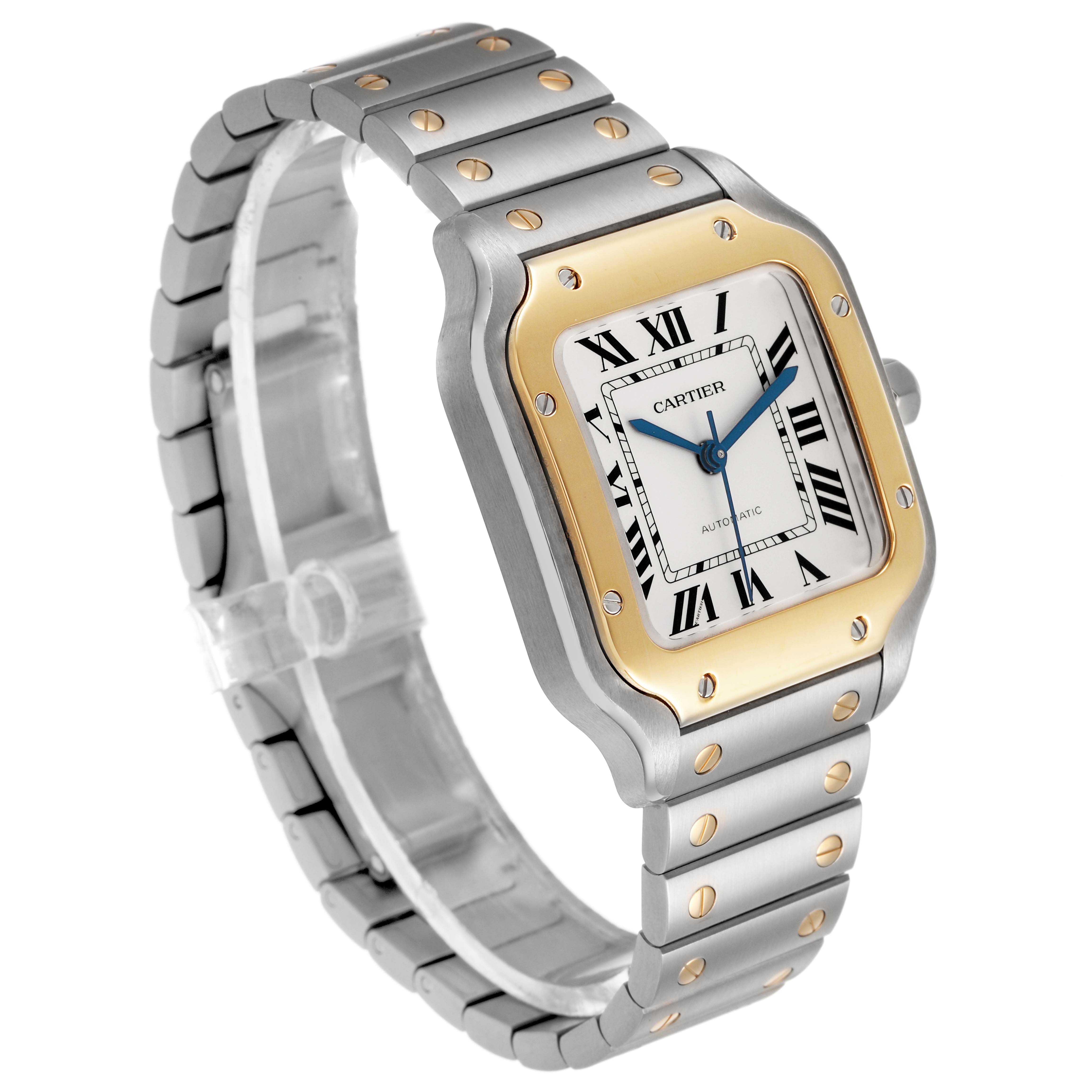 The Cartier Santos W2SA0016 Men's Stainless Steel Silver Dial watch is shown at a slightly angled side view, highlighting the face, bezel, and bracelet.