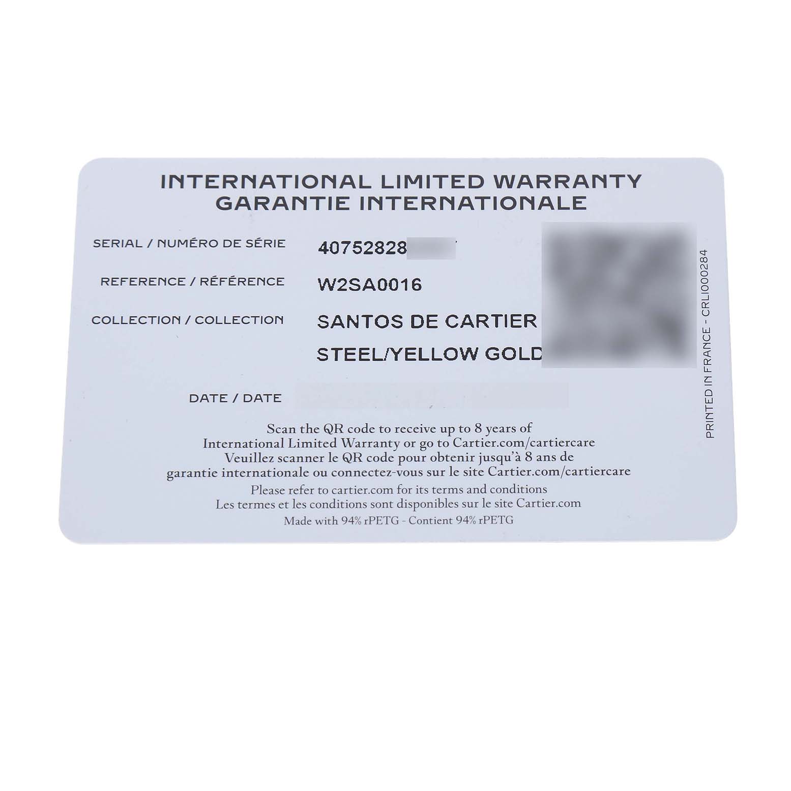The image shows an International Limited Warranty card for a Santos de Cartier watch, displaying serial and reference numbers.