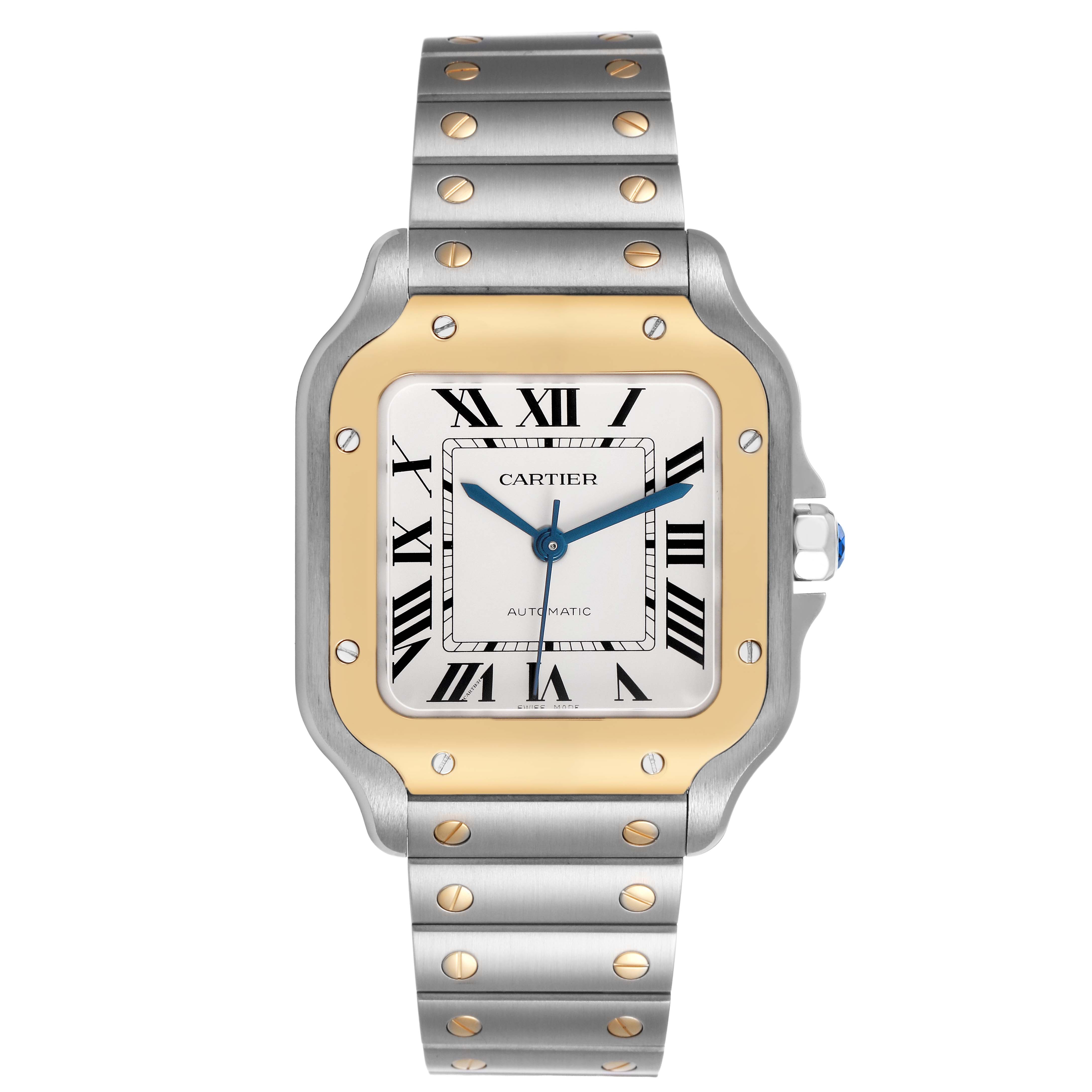 The Cartier Santos W2SA0016 Men's Stainless Steel Silver Dial watch is shown from a front angle, displaying the face, bezel, and bracelet.