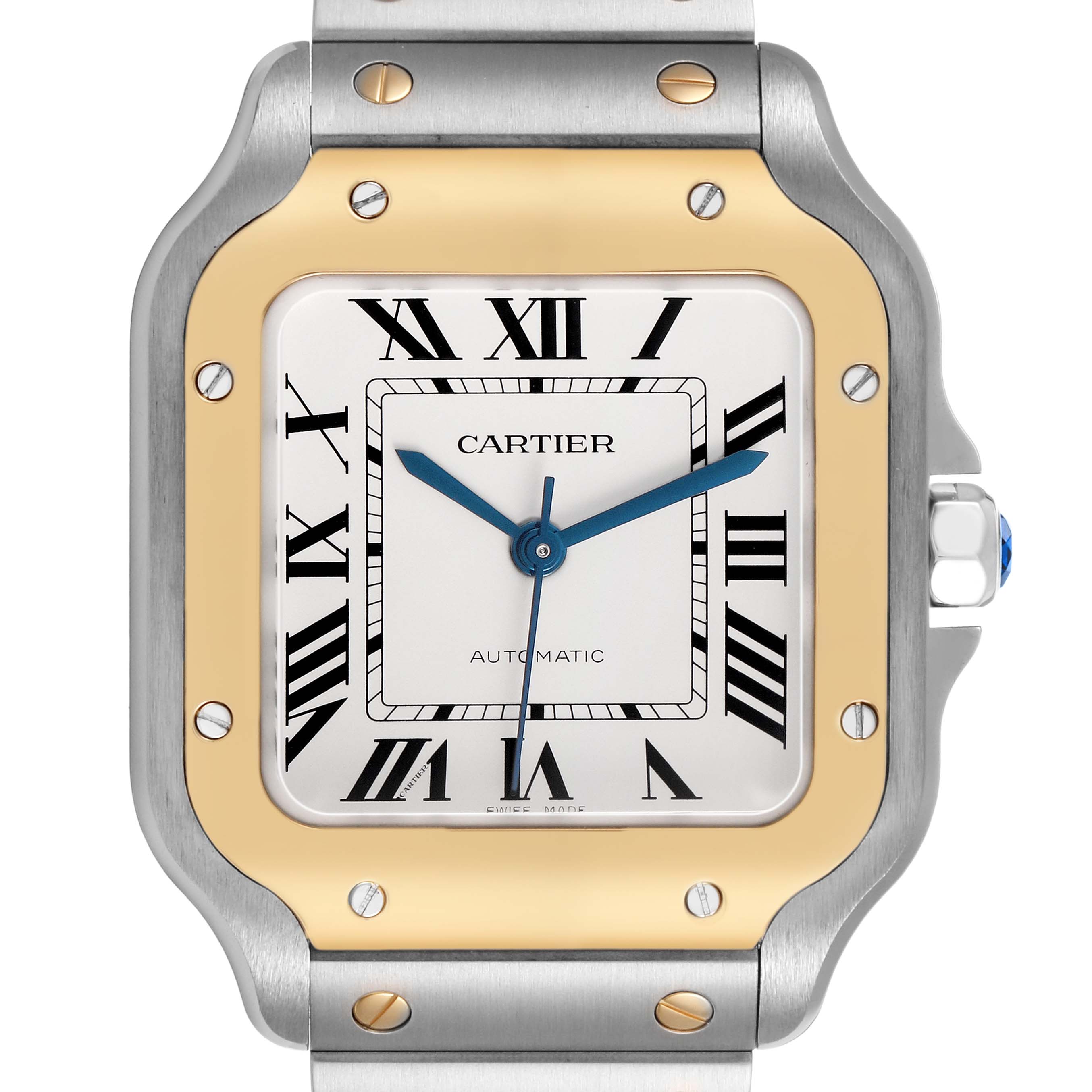 The Cartier Santos W2SA0016 Men's Stainless Steel Silver Dial watch is shown from the front, highlighting its dial, bezel, and part of the bracelet.