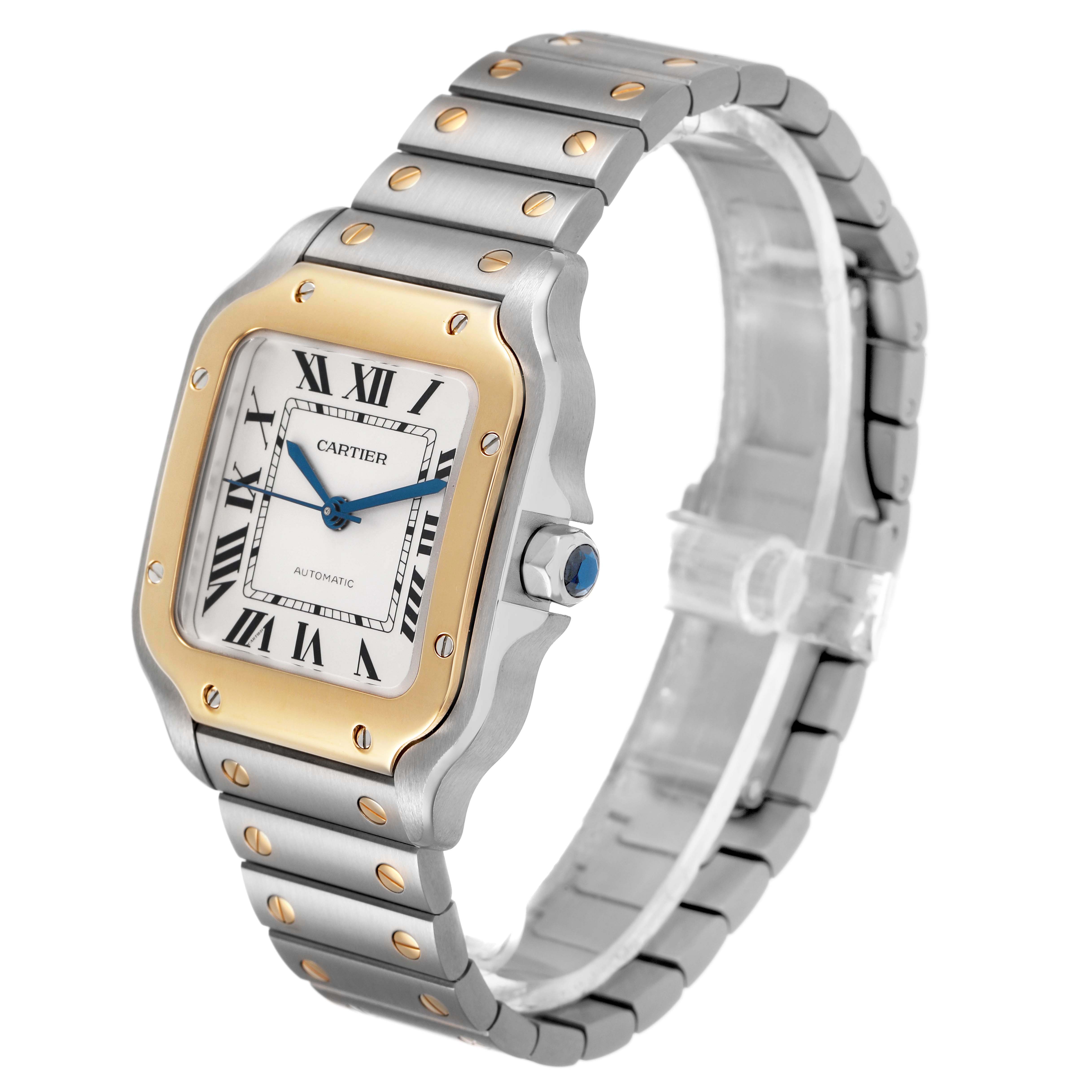 The Cartier Santos W2SA0016 Men's Stainless Steel Silver Dial watch is shown from a three-quarter angle, highlighting the face, bracelet, and crown.