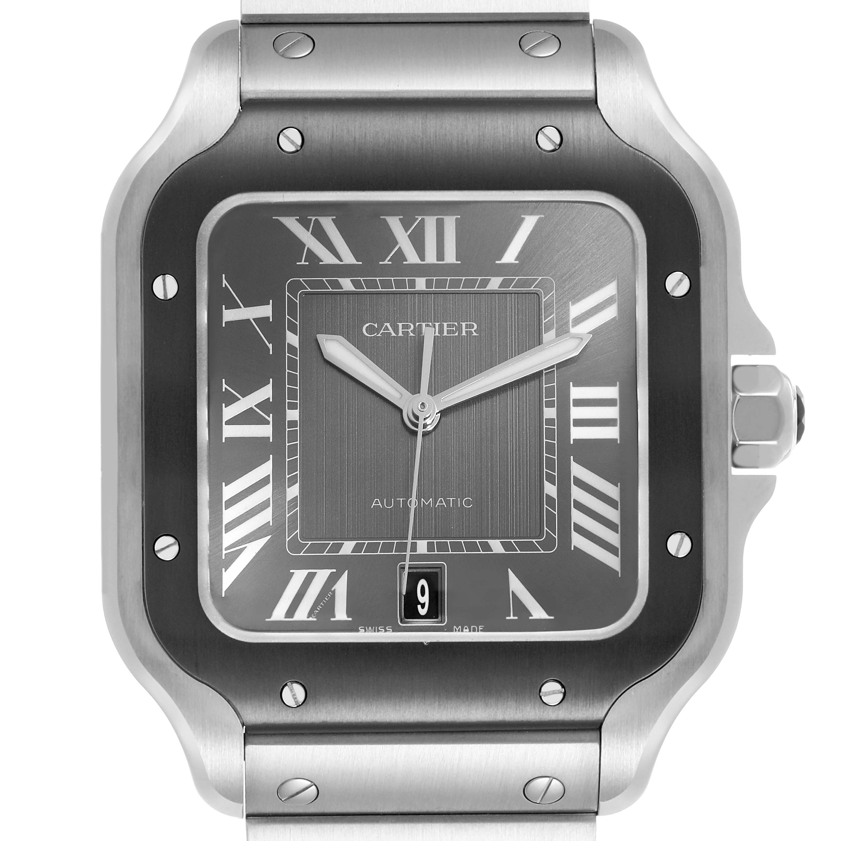 The Cartier Santos WSSA0037 Men's Stainless Steel Grey Dial watch is shown from a front angle, highlighting its face, bezel, and part of the bracelet.