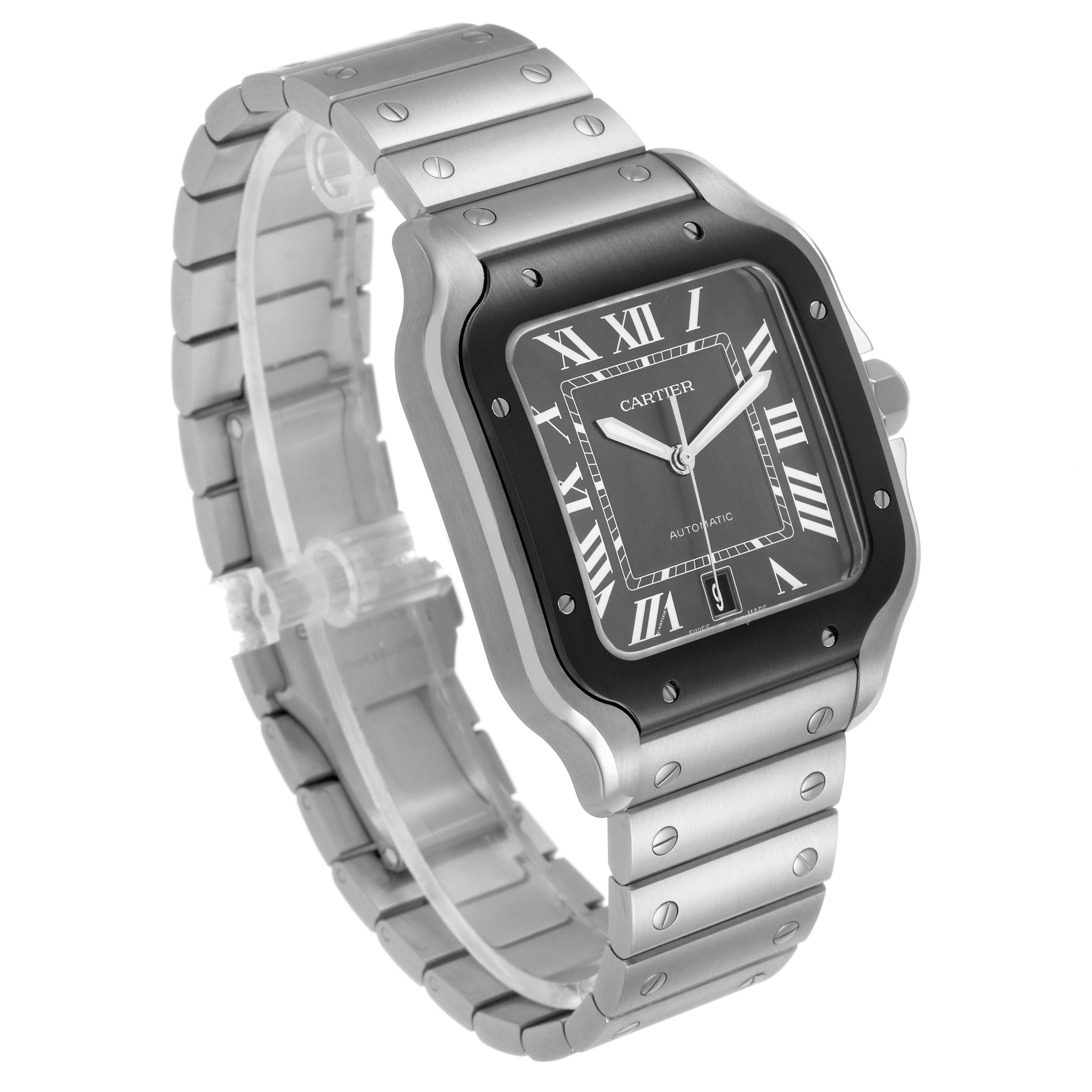 The image shows a Cartier Santos WSSA0037 Men's Stainless Steel Grey Dial watch from a three-quarter angle, highlighting the square face and metal bracelet.