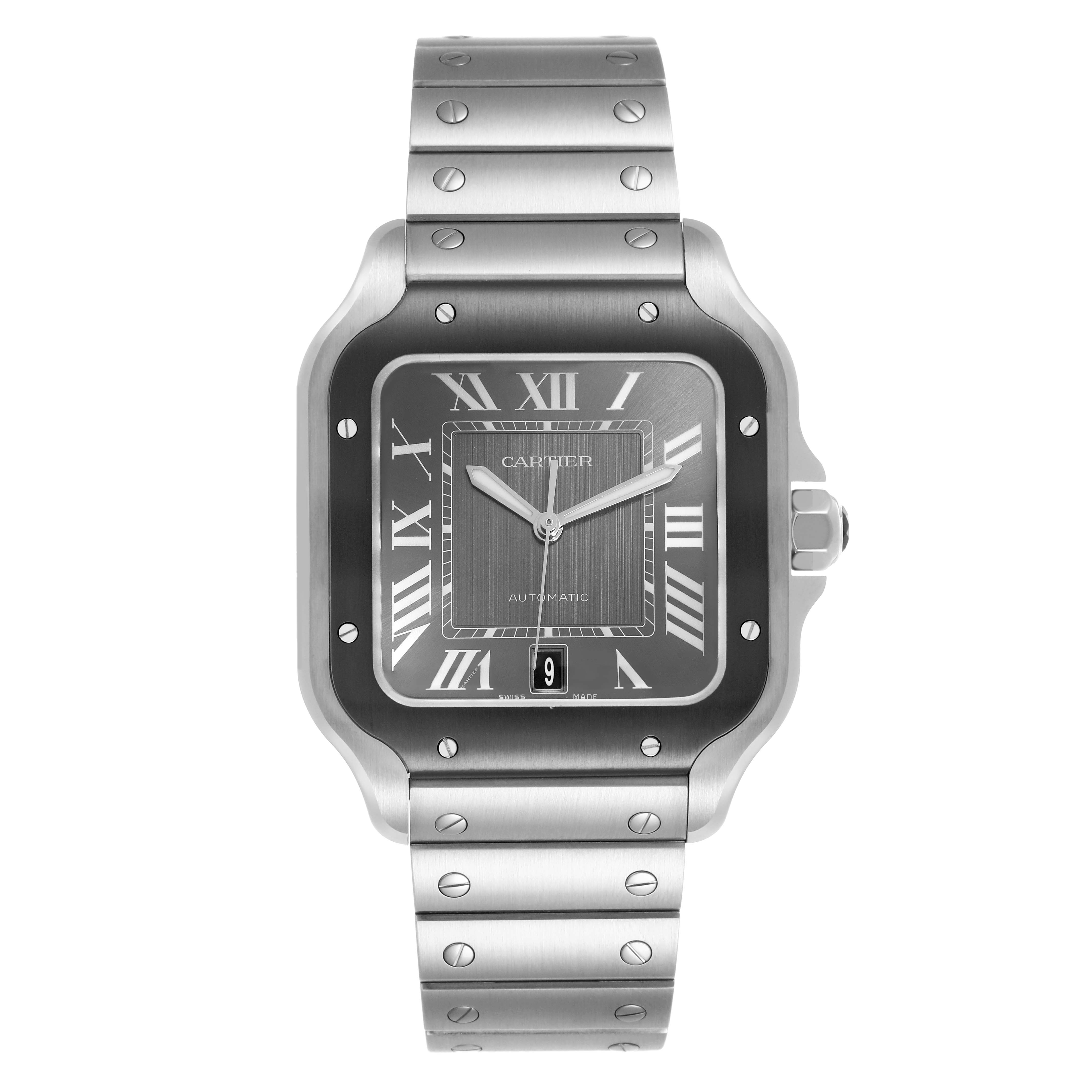 The Cartier Santos WSSA0037 Men's Stainless Steel Grey Dial watch is shown from the front, highlighting its face, bezel, bracelet, and Roman numeral details.