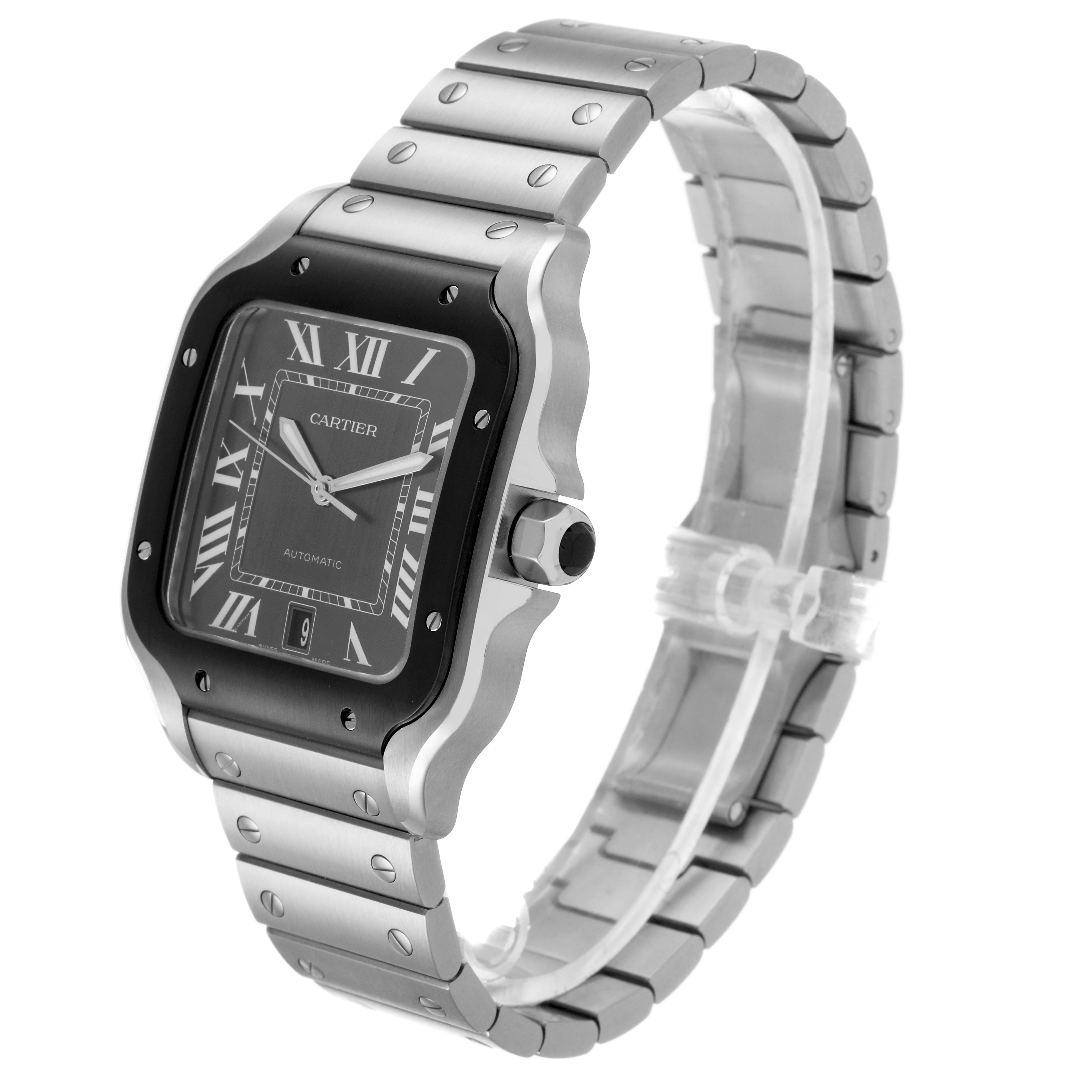 The Cartier Santos WSSA0037 Men's Stainless Steel Grey Dial watch is shown at a three-quarter angle, highlighting the face, bezel, crown, and metal bracelet.